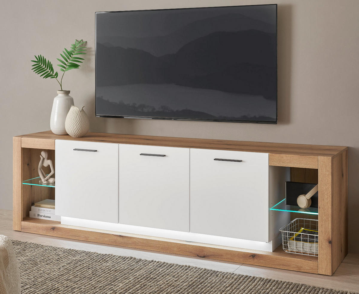 TV-LOWBOARD weiß matt, Evoke Eiche, TV Unterteil Komforthöhe XL-Board - Eichefarben/Silberfarben, Glas/Holzwerkstoff (198/61/43cm) - Furn.Design