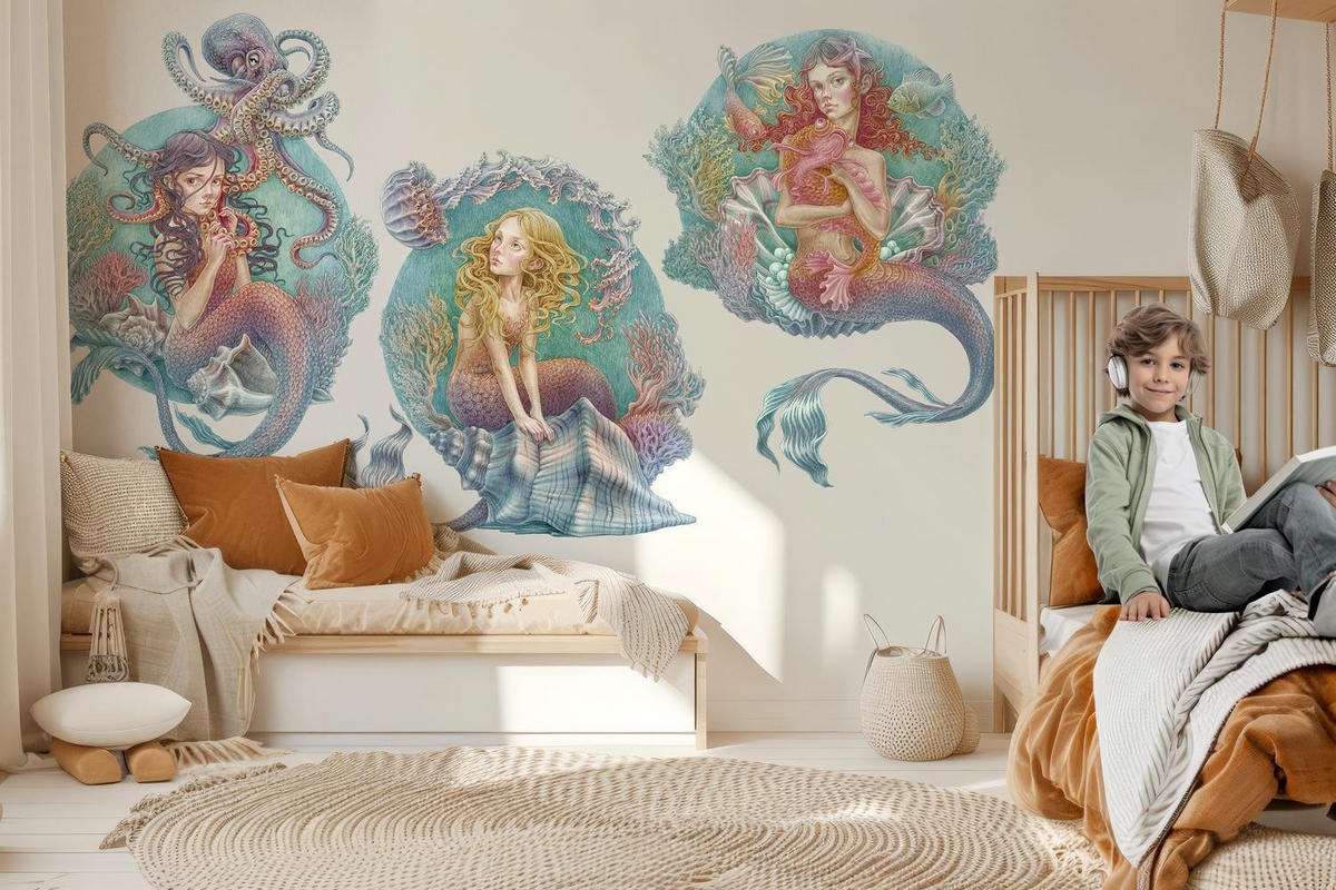 WANDAUFKLEBER 100x128cm - Die kleinen Meerjungfrauen - Multicolor, Kunststoff (100/128/0.1cm) - Wallfluent