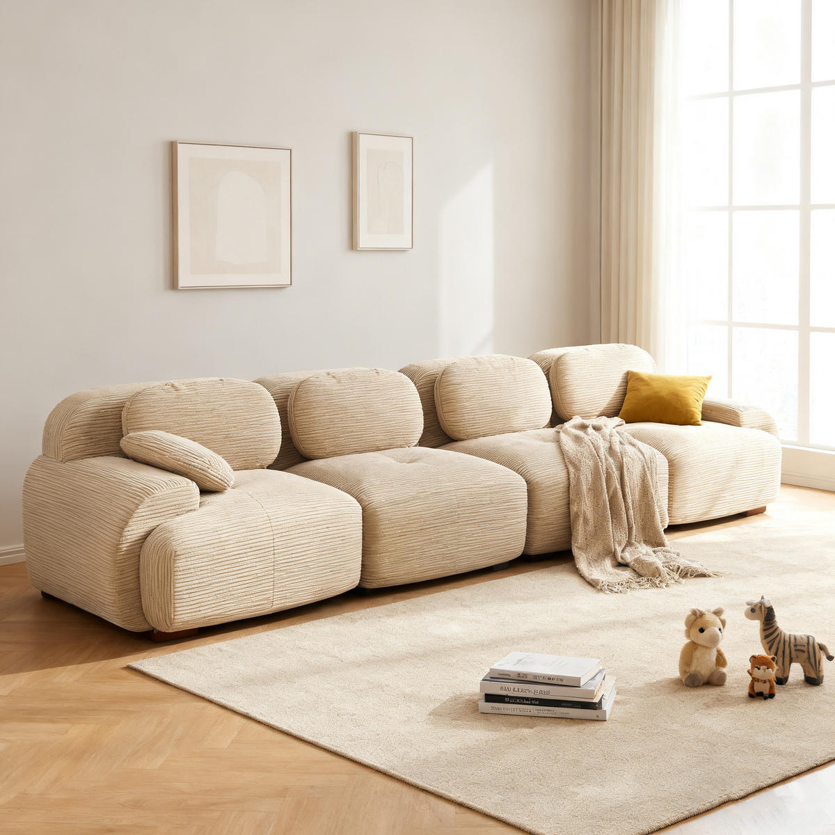 SOFA Modulares 4-Sitzer, Armlehnen, Cordstoff, Beige - Beige, Textil (103/70/388cm) - Meubles Cosy