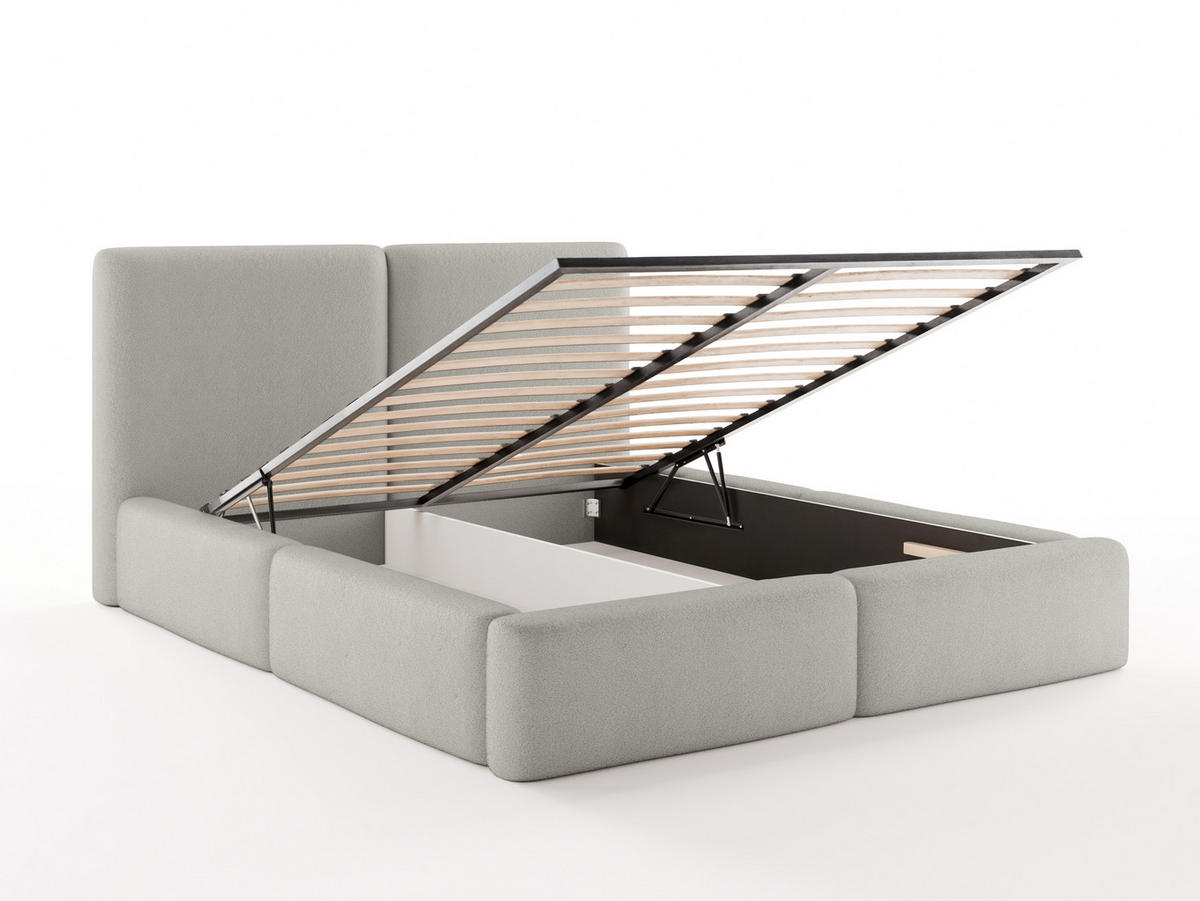 POLSTERBETT LIVIA 160x200 cm mit Bettkasten, Stauraum und Metall-Lattenrost – Bouclé Stoff Hellgrau - Hellgrau/Schwarz, Textil/Metall (160/200cm) - Luxkor24