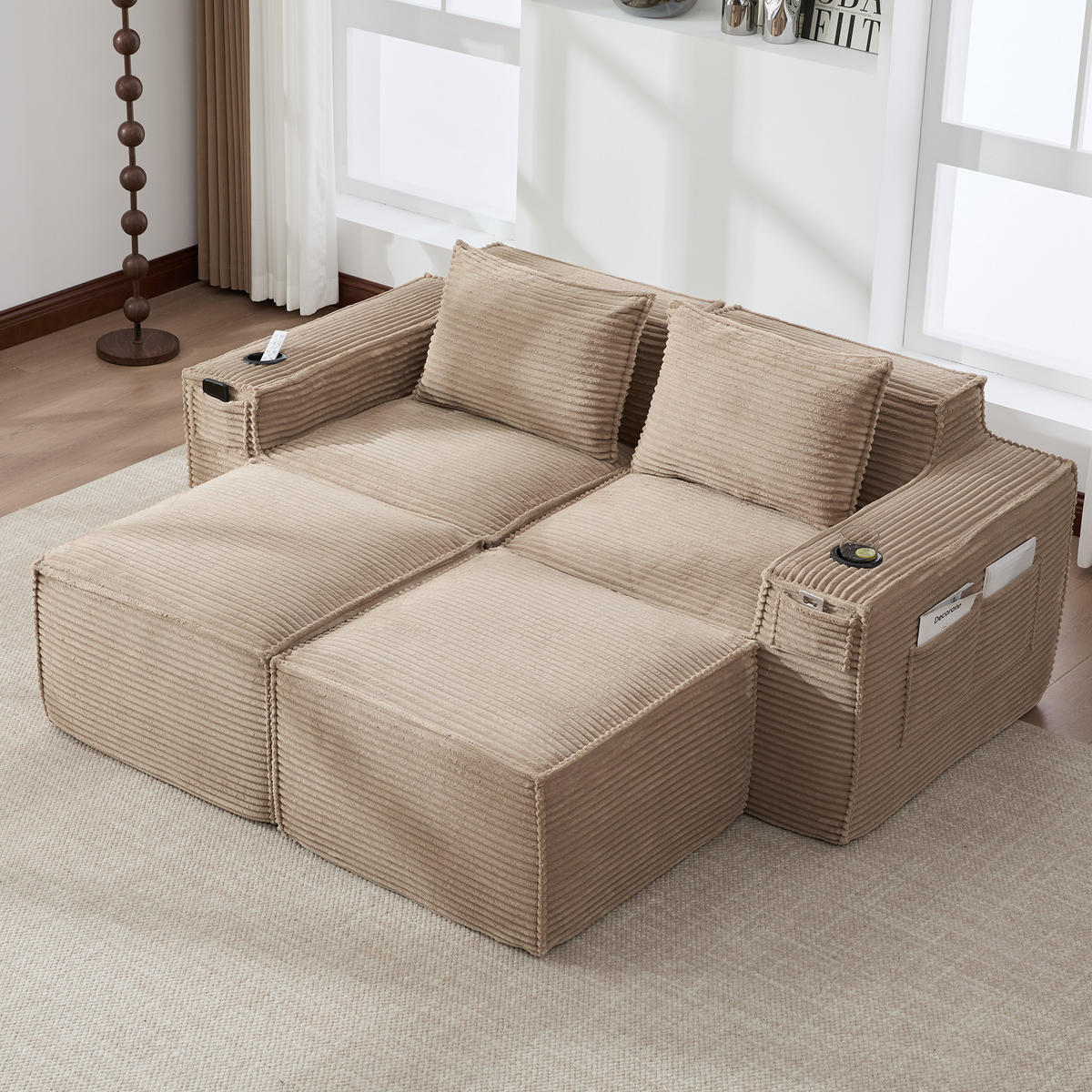 2-SITZER-SOFA DE-33836 mit 2 Hockern Khaki - Sandfarben, Textil (188/75/162cm) - ComfortXL