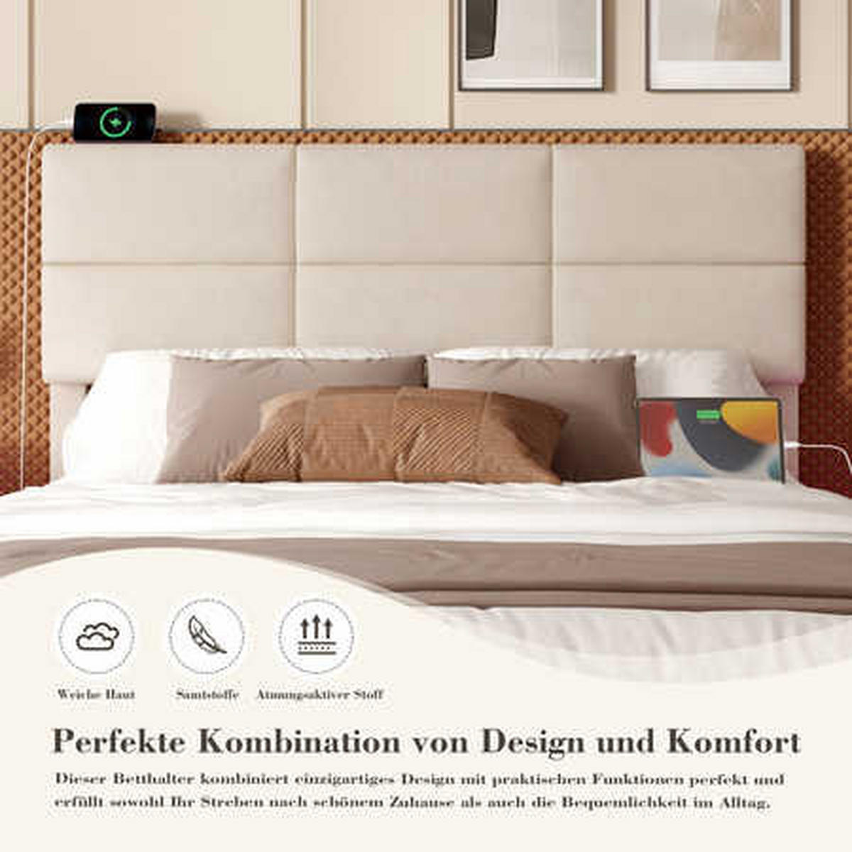 POLSTERBETT 140x200cm Beige Velours mit höhenverstellbarem Kopfteil, dimmbarer LED, USB/Type-C und hydraulischem XXL-Stauraum - Beige, Textil (140/200cm) - Luhomfu