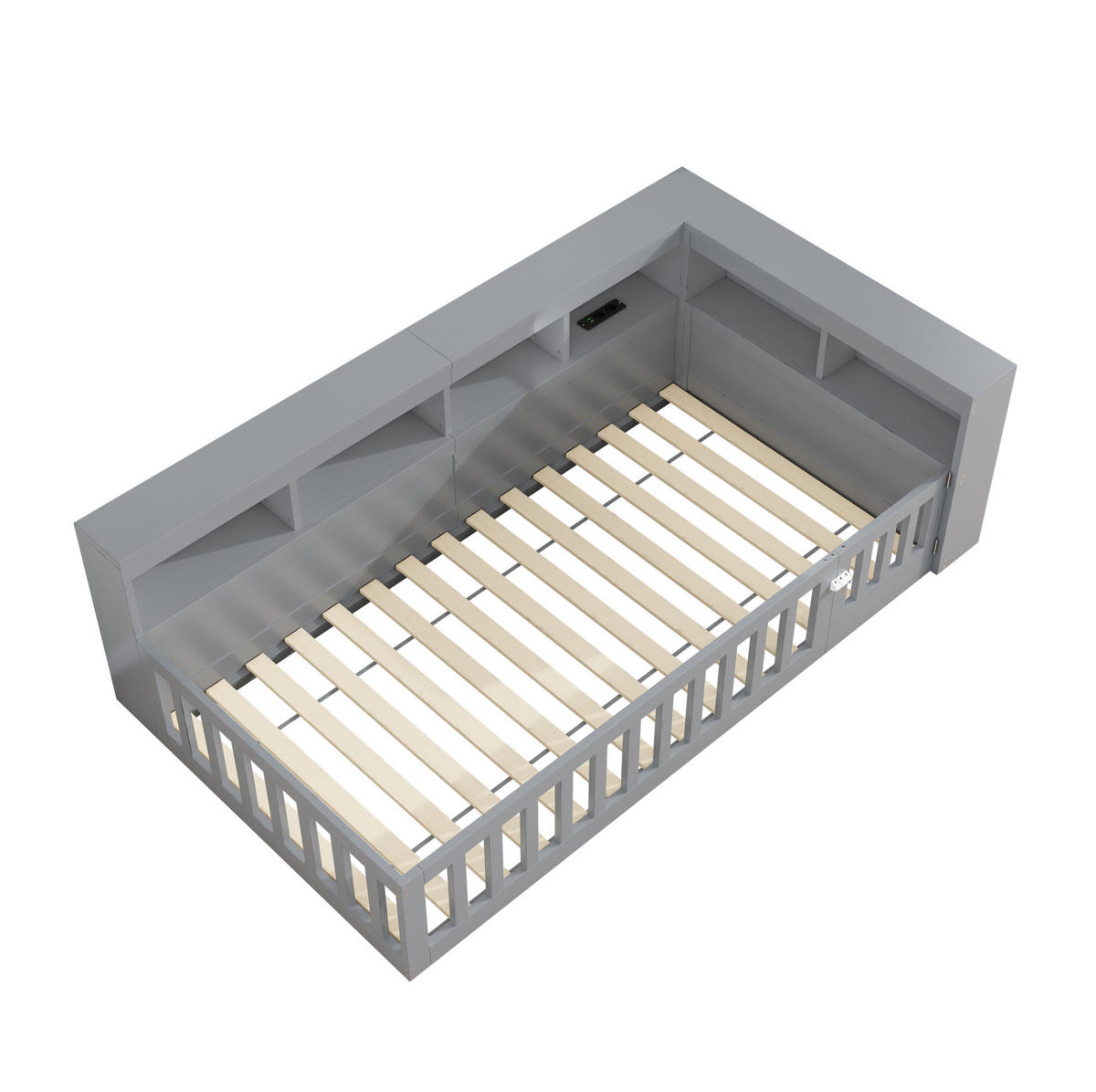 OBLAZINJENA postelja, 90/200 cm, iverna plošča/MDF, siva, z odlagalnim prostorom in USB - siva, leseni material (90/200cm) - BEAOK