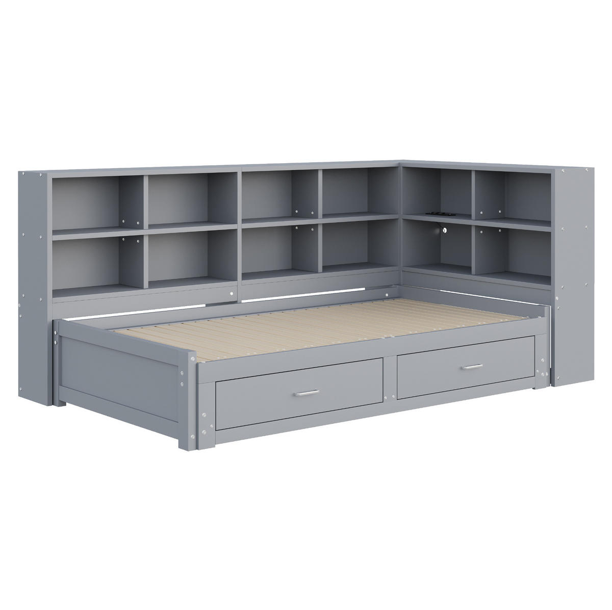 FUNKTIONSBETT 90/190 cm mit Ausziehbett, Stauraum und Steckdose, Grau - Grau, Holzwerkstoff (90/190cm) - Redom