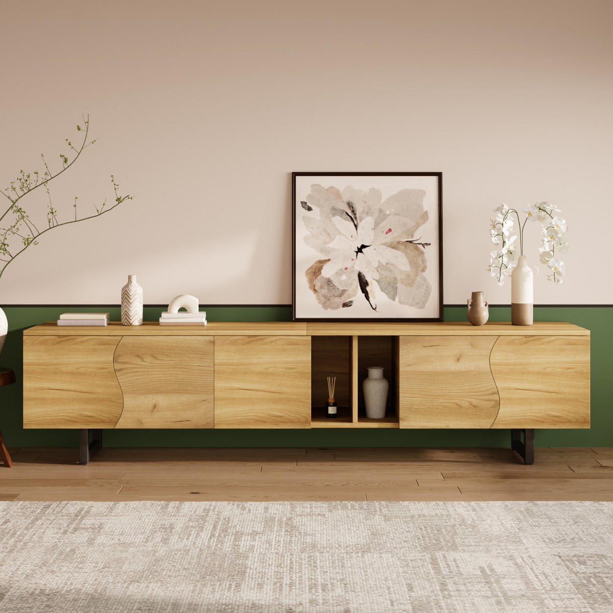 TV Lowboard 191x38x46,5 cm, 5 Türen, Natur - Braun, Holz (191/33/38cm)
