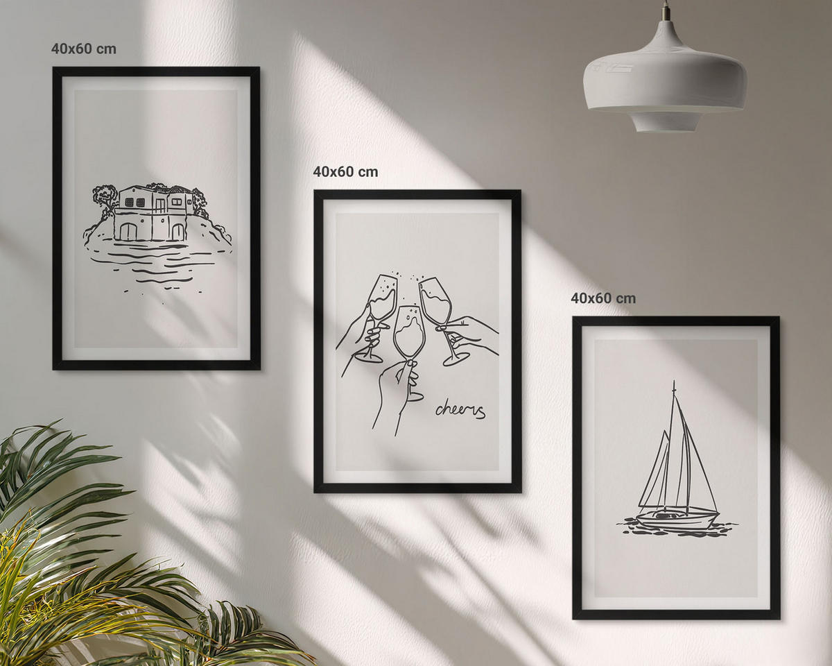 BILDER SET 3er Set - 40x60 cm Schwarzer Rahmen - Haus am Wasser, Segelboot-Toast - Schwarz, Kunststoff (40/60cm) - TULUP