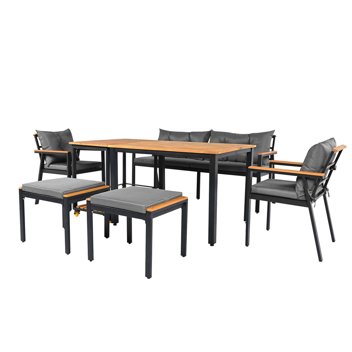 GARTEN-ESSGRUPPE 110/84/75 cm Schwarz/Grau/Natur aus Akazienholz, Stoff und Metall mit Servierwagen - Schwarz, Metall - OKWISH