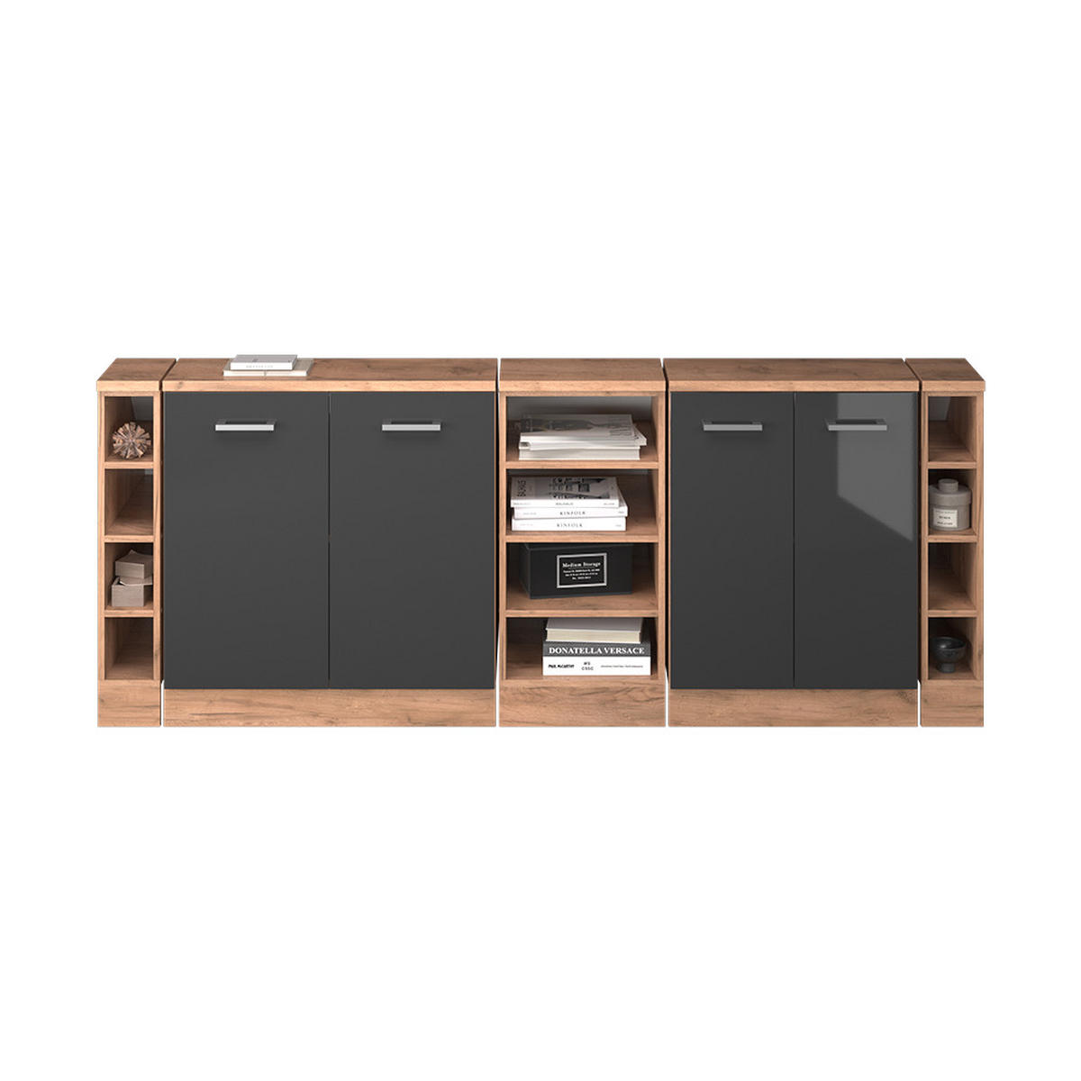 KUCHYNSKÁ SKRIŇA PRE ŠIKMÉ STRECHY R-Line Antracit vysoký lesk 210 cm Súprava 5 korpusov skrine hĺbka 60 cm - dub medový/čierna s vysokým leskom, kompozitné drevo (210/83.8/60cm) - Vicco