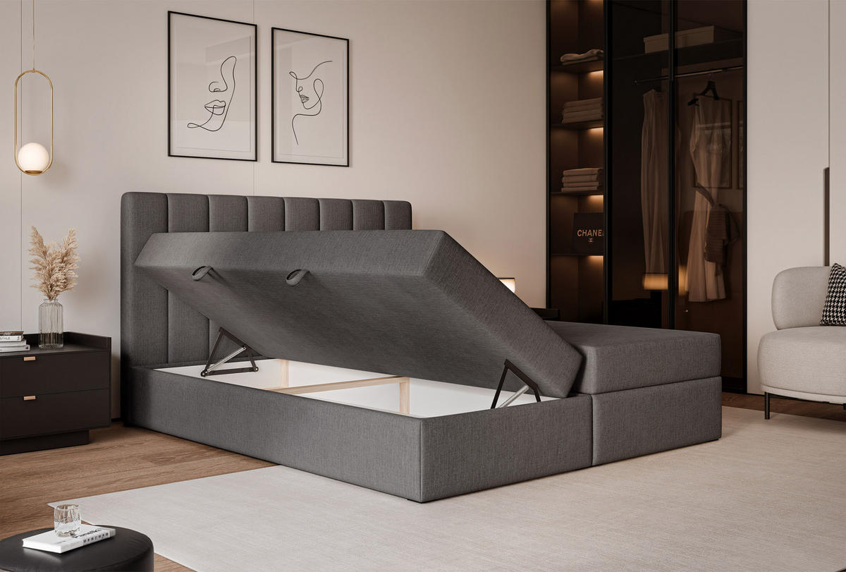 BOXBETT LEO 200/200 cm mit Matratze und Topper, Dunkelgrau - Dunkelgrau/Schwarz, Holzwerkstoff/Kunststoff (200/200cm) - Idohome