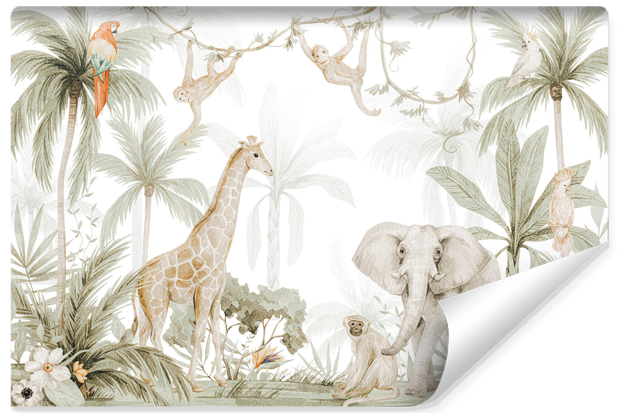 FOTOTAPETE für Kinder wilde TIERE tropische Pflanzen Retro 400x280cm - Beige/Rot, Papier (400/280cm) - Muralo