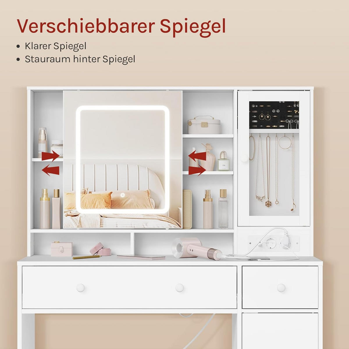 SCHMINKTISCH mit LED Beleuchtung, Spiegel, Einstellbarer Helligkeit, Weiß - Weiß, Glas/Holzwerkstoff (108/139/40cm) - Woltu