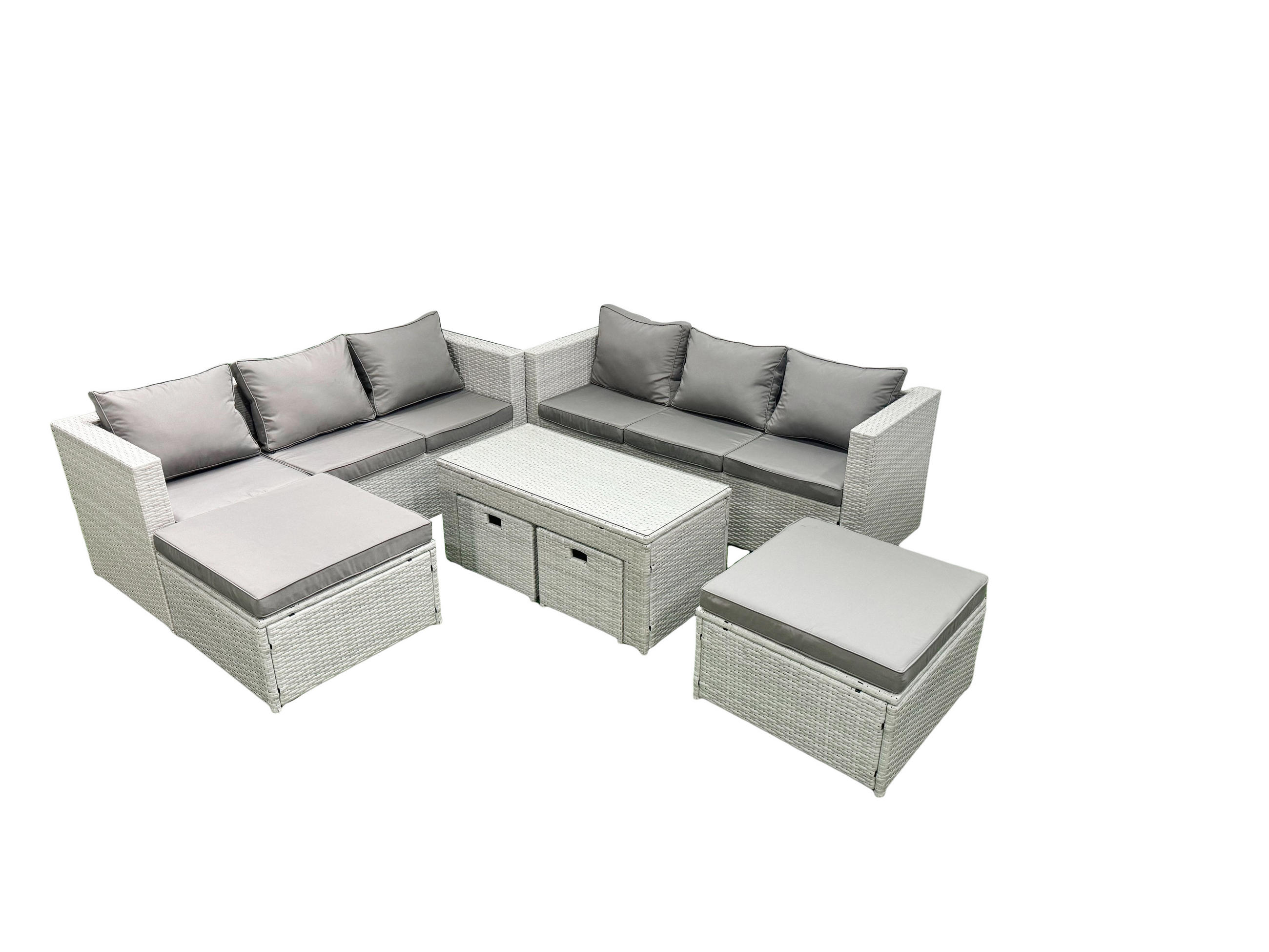 BALKONMÖBEL-SET Polyrattan Hellgrau-Mix 10-teilig - Hellgrau/Grau, Glas/Kunststoff - Fimous