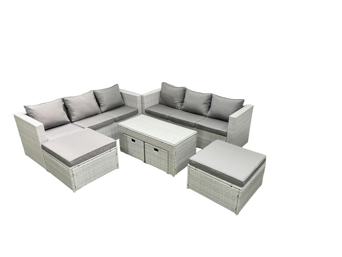 BALKONMÖBEL-SET Polyrattan Hellgrau-Mix 10-teilig - Hellgrau/Grau, Glas/Kunststoff - Fimous
