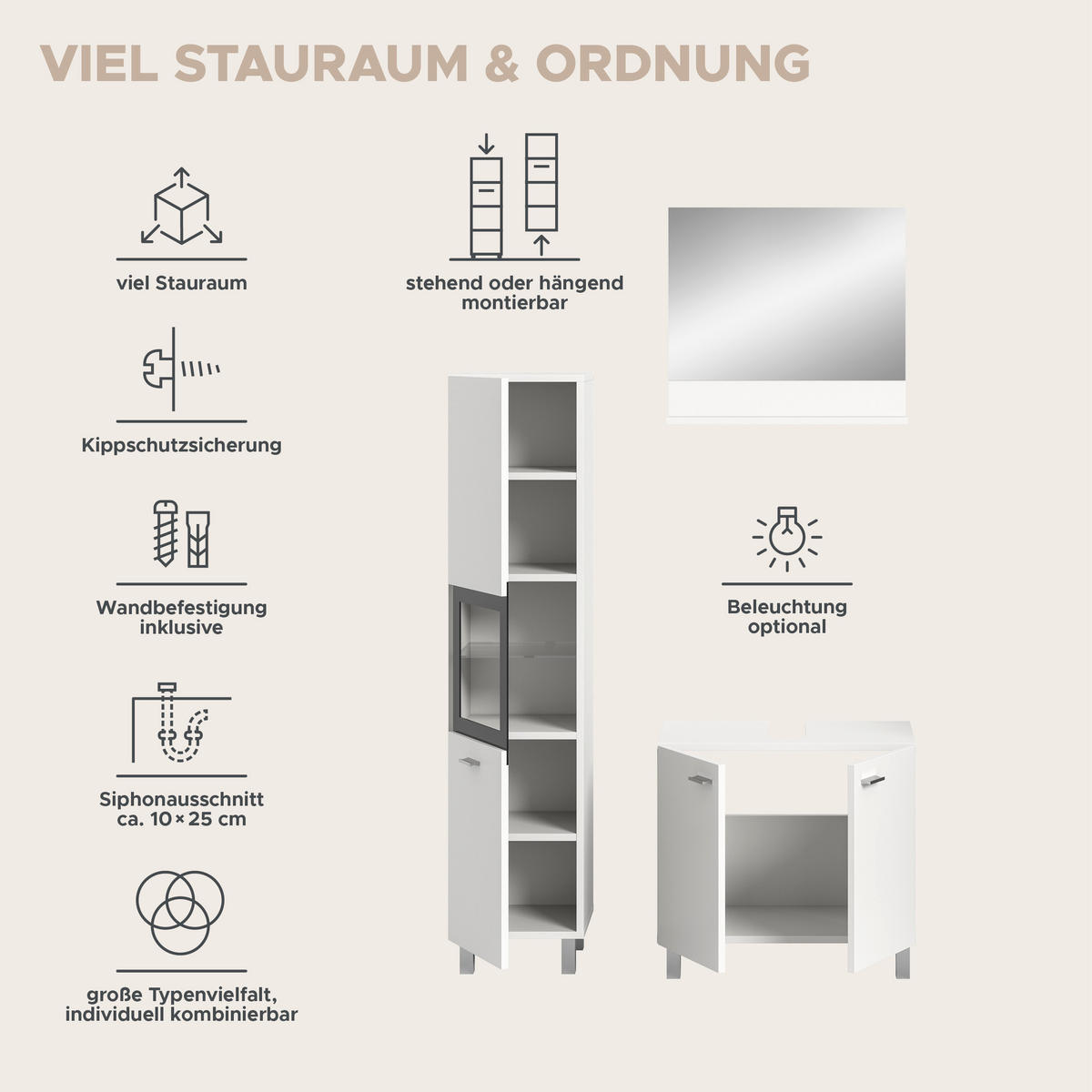 BADKOMBINATION 3tlg. Boston/Tampa Bad in weiß Nachbildung und schwarz B/H/T: 102x186x33 cm - Weiß, Holzwerkstoff (102/186/33cm)