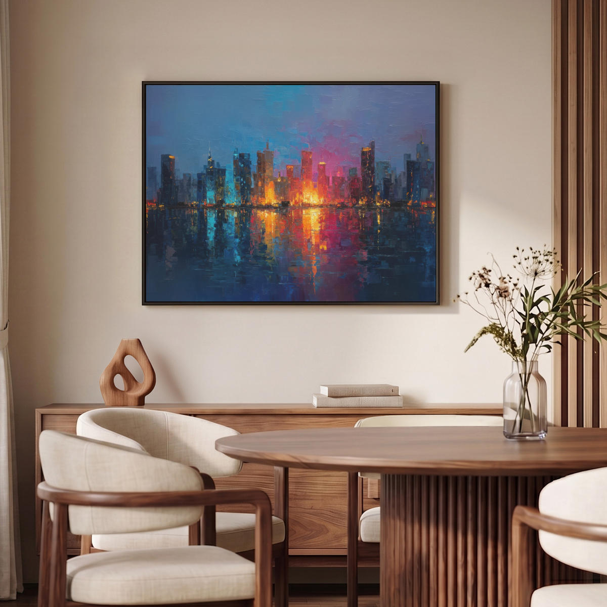 LEINWAND Bilder mit Rahmen - Skyline - Pinselstriche - Dunkelblau - Leuchtend - 100x70 - Blau, Textil (100/70cm) - MuchoWow