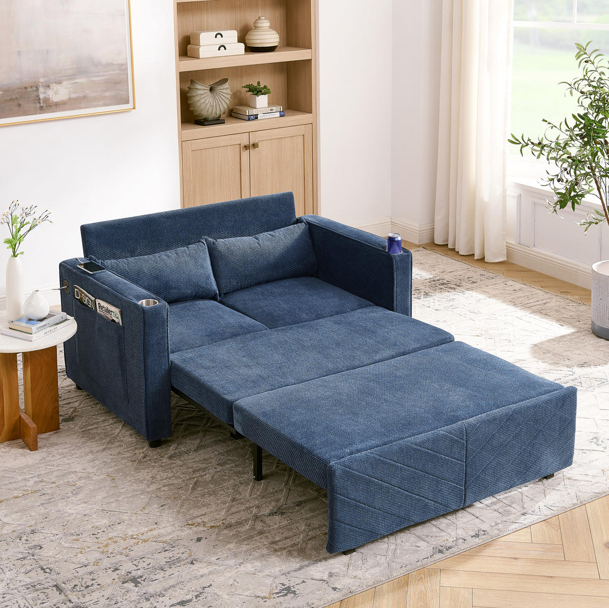 SCHLAFSOFA 3-in-1 mit USB-Ladeports Holz Stoff Navy Blue - Blau, Holz (134/73/195cm) - Meubliv