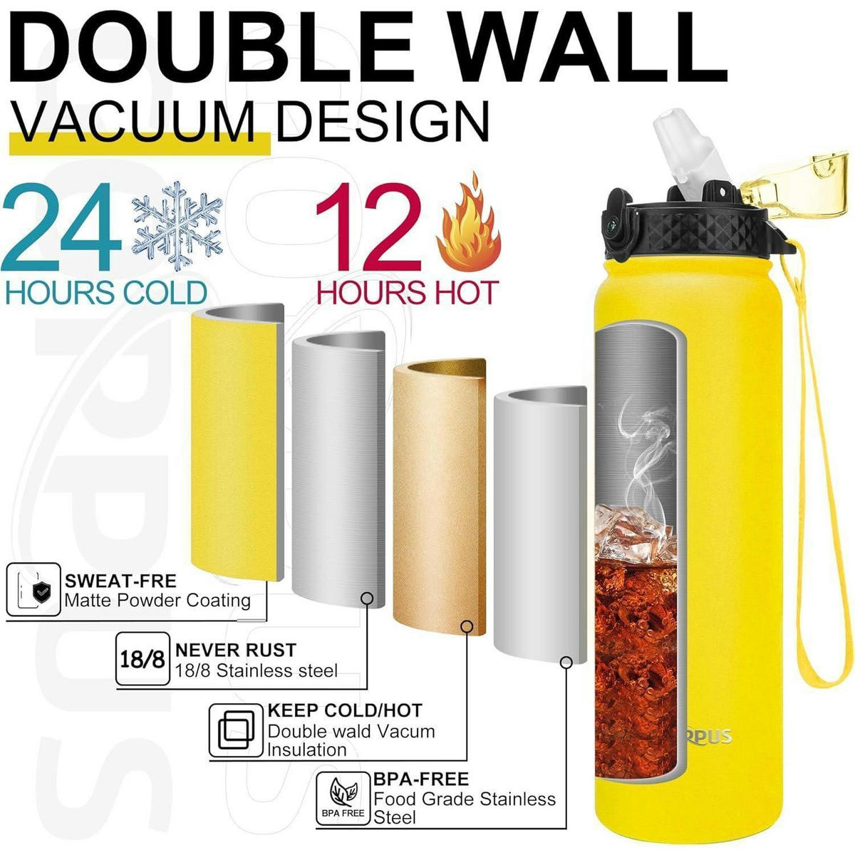 THERMOSFLASCHE mit Strohhalm 1 Liter Gelb - Gelb, Metall (8/8cm)