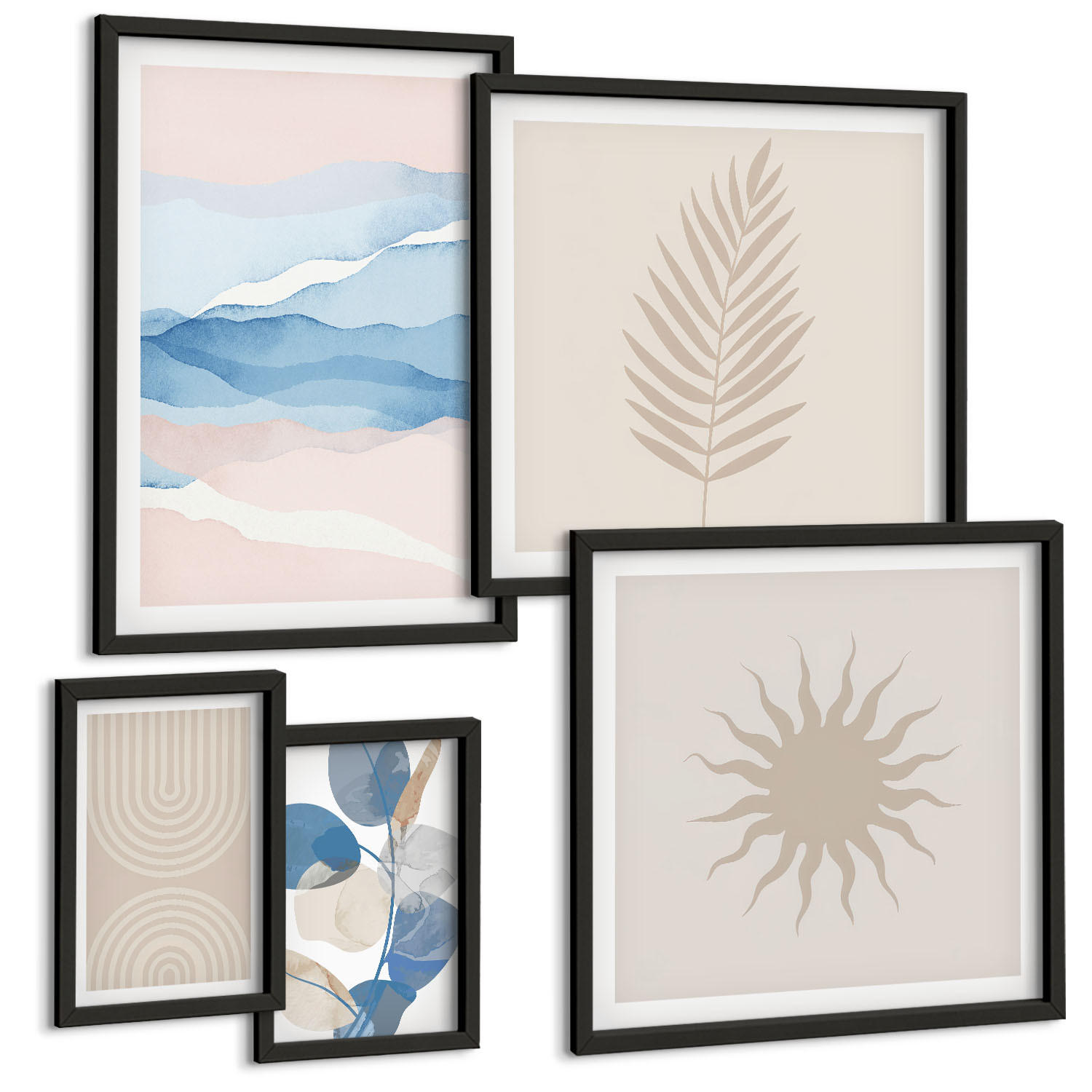 BILDER SET 5er Set - 50x50 cm & 20x30 cm & 40x60 cm Schwarzer Rahmen - Abstrakte Linien der Sonnenwellen - Schwarz, Kunststoff (40/60cm) - TULUP