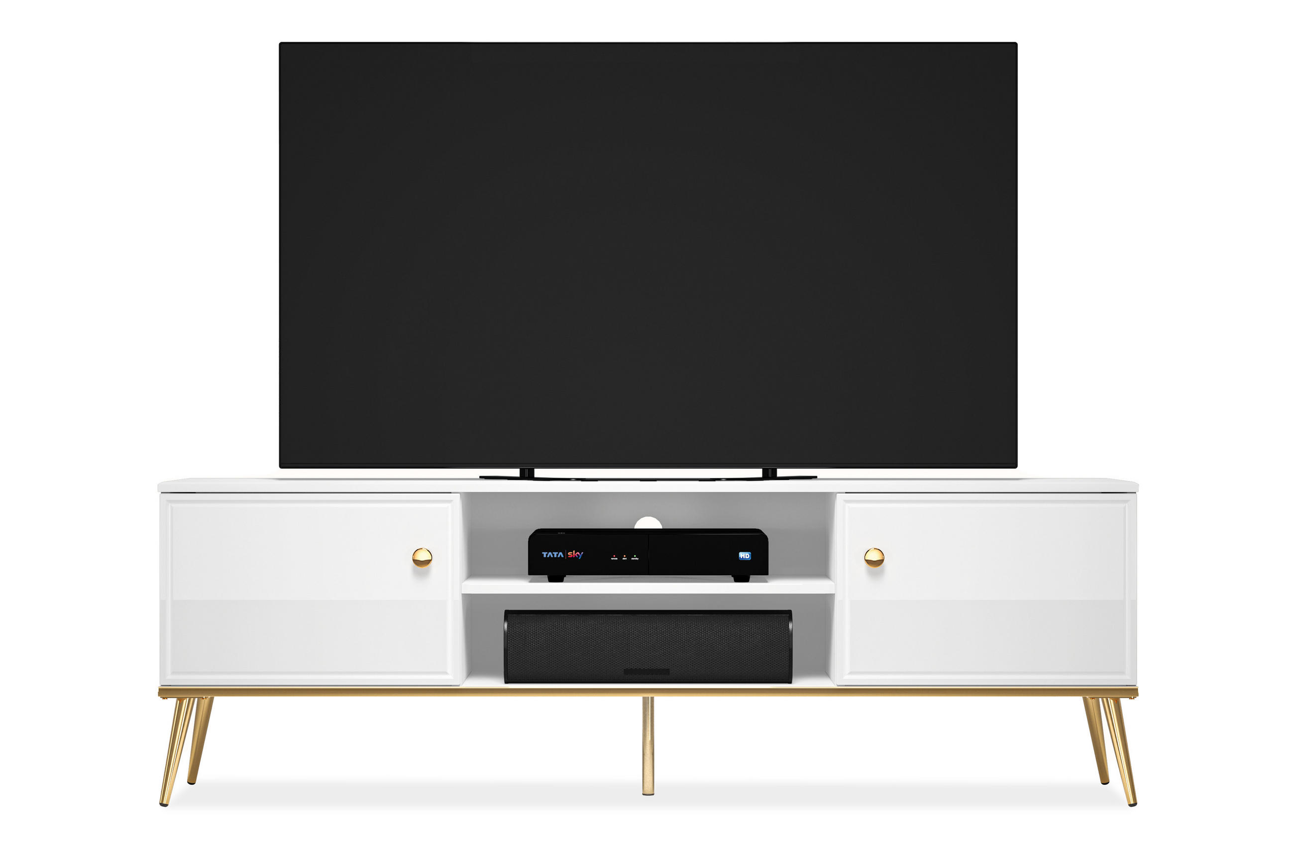 TV-LOWBOARD ISORIA auf hohen goldenen Beinen, Glas Weiß - Goldfarben/Weiß, Holz/Metall (160/53/40cm) - KONSIMO®