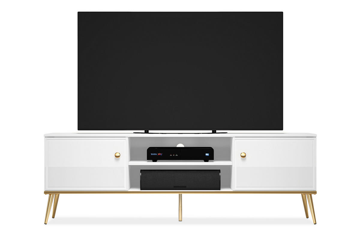 TV-LOWBOARD ISORIA auf hohen goldenen Beinen, Glas Weiß - Goldfarben/Weiß, Holz/Metall (160/53/40cm) - KONSIMO®