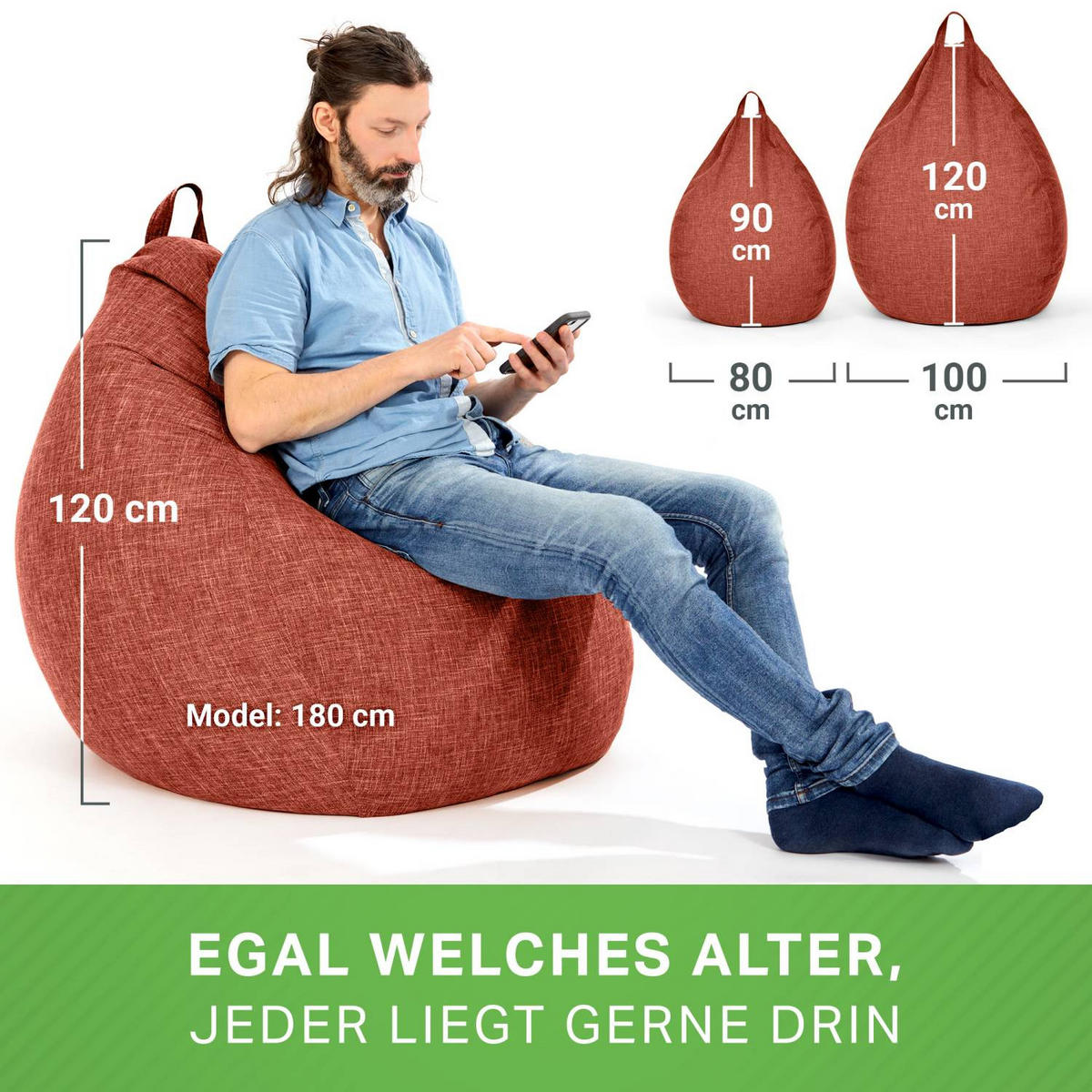 SITZSACK Indoor "Home Linen" - 300 Liter - Rot, Textil (100/120/50cm) - Green Bean