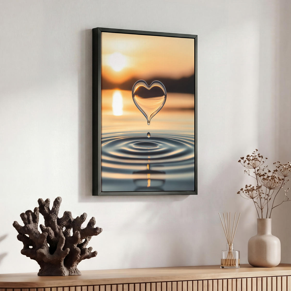 LEINWAND Bilder mit Rahmen - Herz - Wasser - Sonnenuntergang - Natur - Zen - 30x40 - Bernsteinfarben, Textil (30/40cm) - MuchoWow