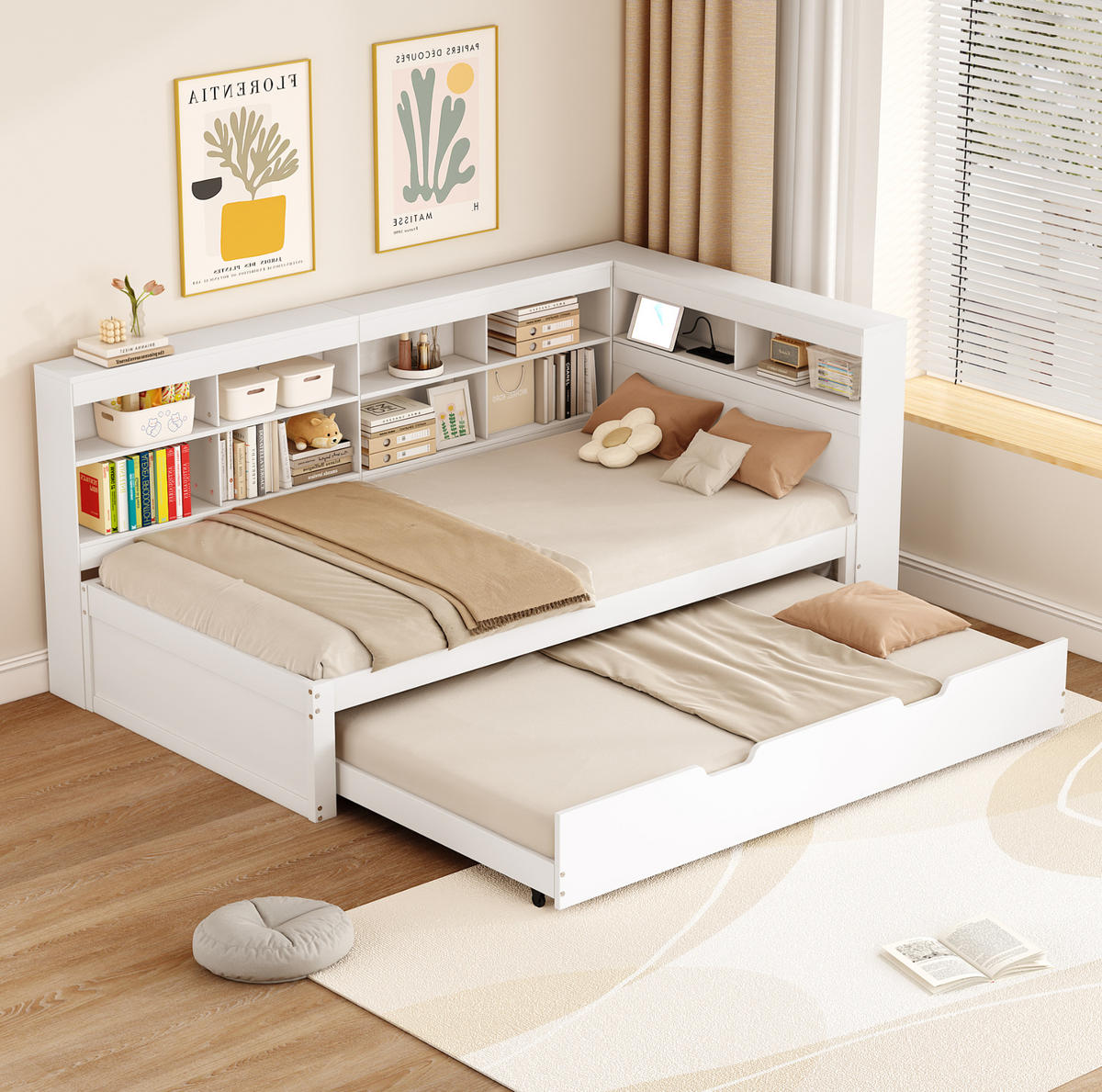 POSTEĽ 90/200 cm drevo biela, výsuvné lôžko, USB a úložné priestory - biela, drevo (90/200cm) - BEAOK