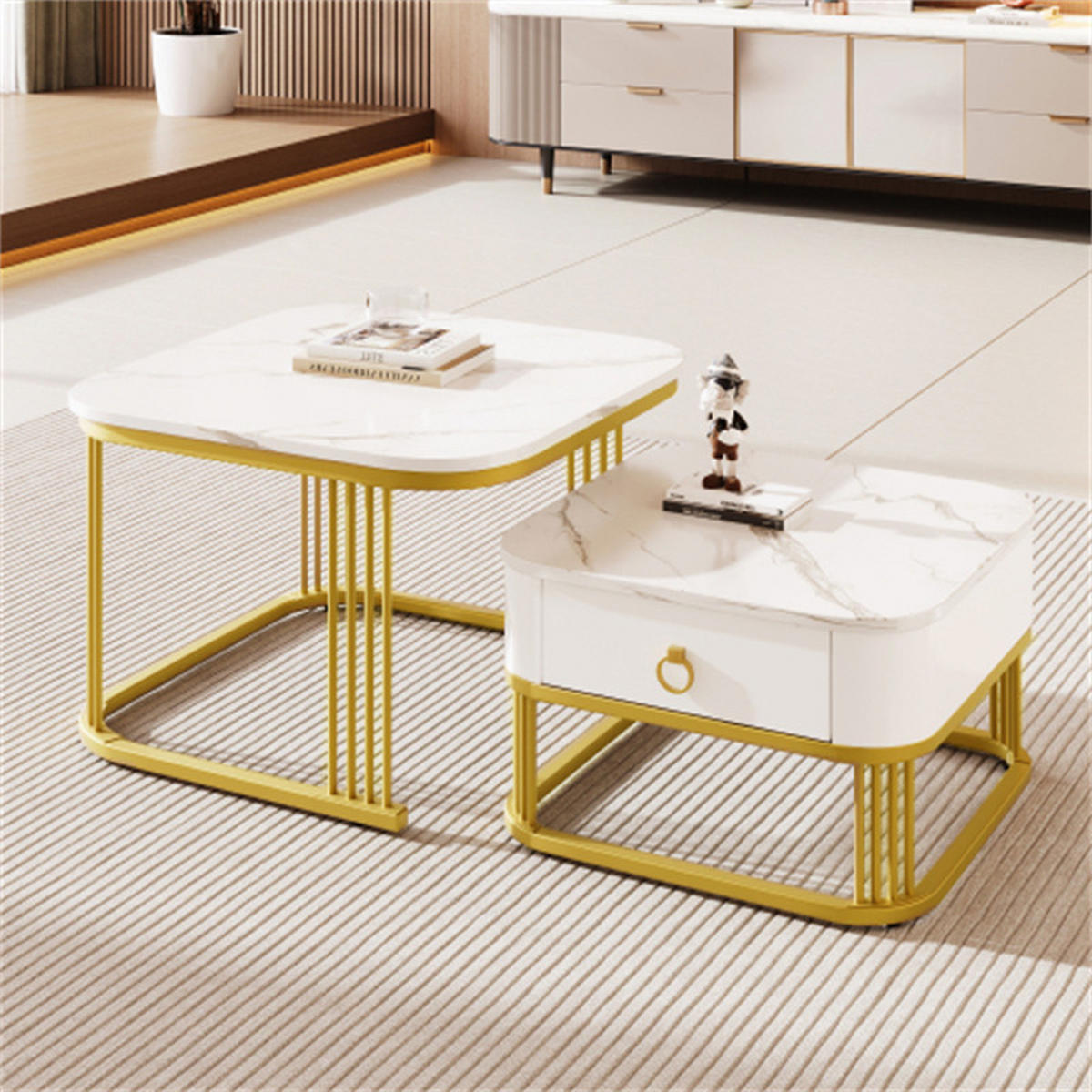 COUCHTISCH-SET 2-teilig mit Schubladen, Marmoroptik weiß/gold, 60x60x45 cm - Weiß, Holzwerkstoff (60/60/45cm) - Blomus