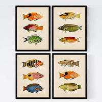POSTER Set mit 4 Jahrgang bunten Effekt von 12 verschiedenem Fisch A3 Rahmenlos - Klar, Papier (29.7/3cm) - Nacnic