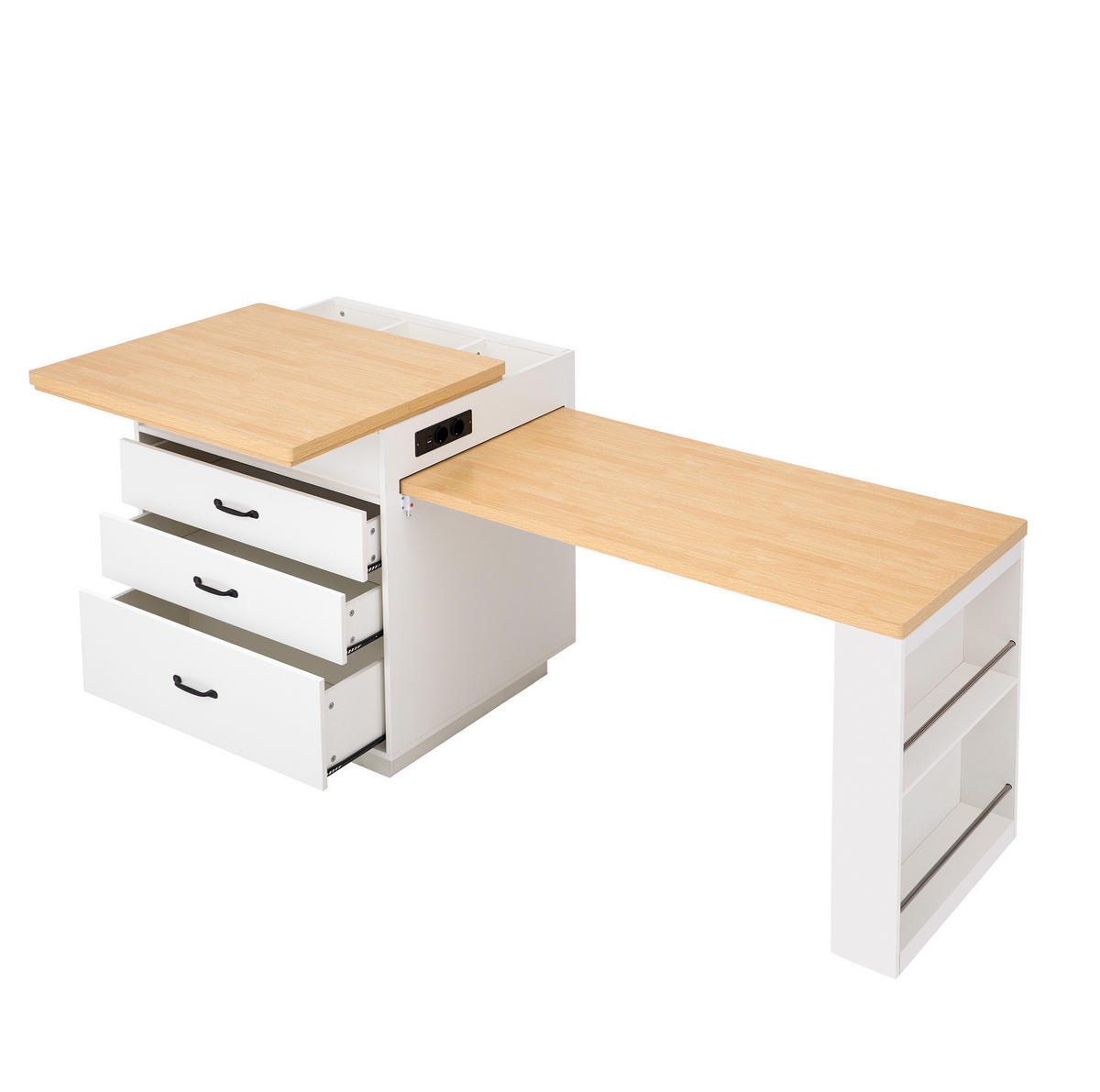 KUHINJSKI otok 125,5–187,5/71/93 cm z raztegljivo mizo, LED osvetlitvijo in USB/Type-C, bel - bela, leseni material (125.5/93/71cm) - Redom