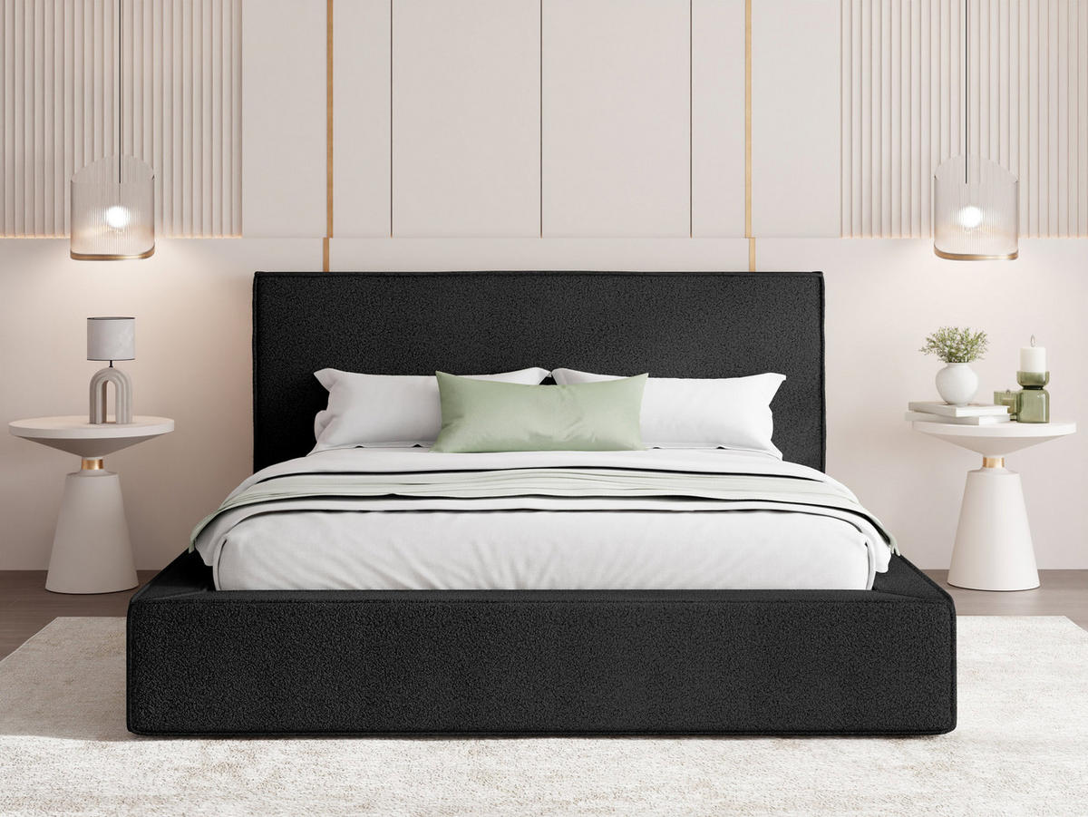 POLSTERBETT Merlin mit Bettkasten, Metall-Lattenrost & hohem Kopfteil in Schwarz Boucle 120x200 cm - Birkefarben/Schwarz, Kunststoff/Textil (120/200cm) - WFL GROUP