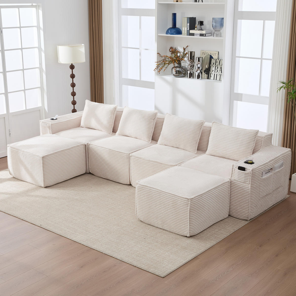 WOHNLANDSCHAFT 330/162/75 cm Beige mit 2 Fußhocker, Getränkehalter und Seitentaschen - Beige, Textil (330/75/162cm) - Oxeza