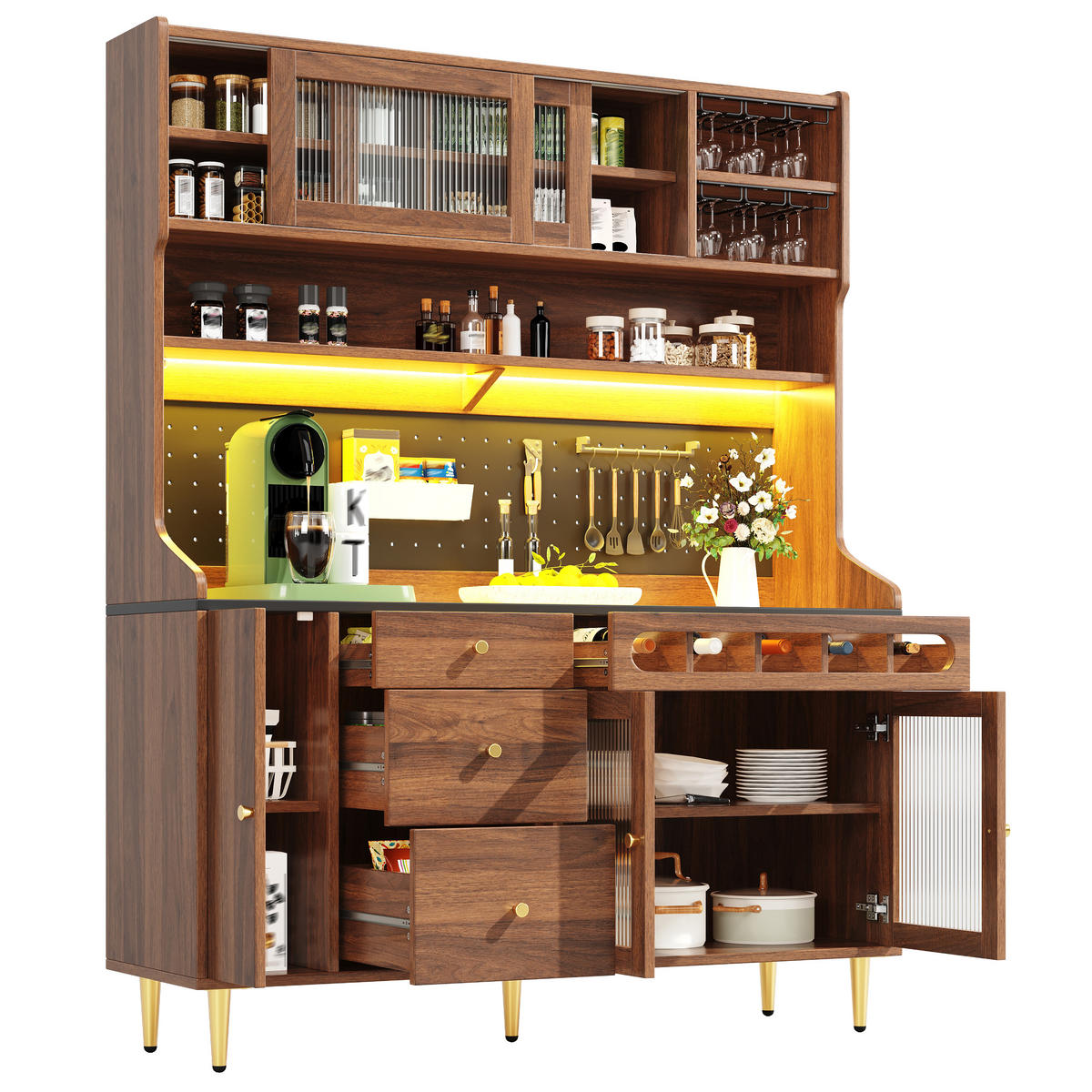 BUFFET DE-38400 145/39/171 cm mit LED-Beleuchtung und Weinregal Walnuss - Walnussfarben, Holzwerkstoff (145/171/39cm) - ComfortXL