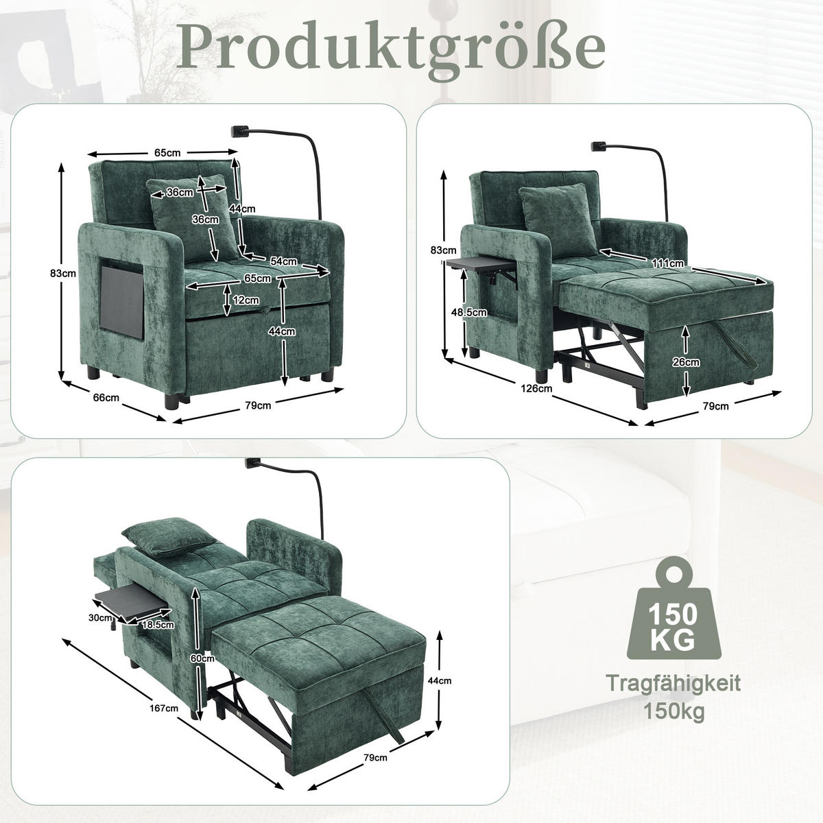SOFA Chenille Grün mit Stauraum, Tablett und Kissen - Grün, Textil/Metall (79/83/167cm) - WISHDOR