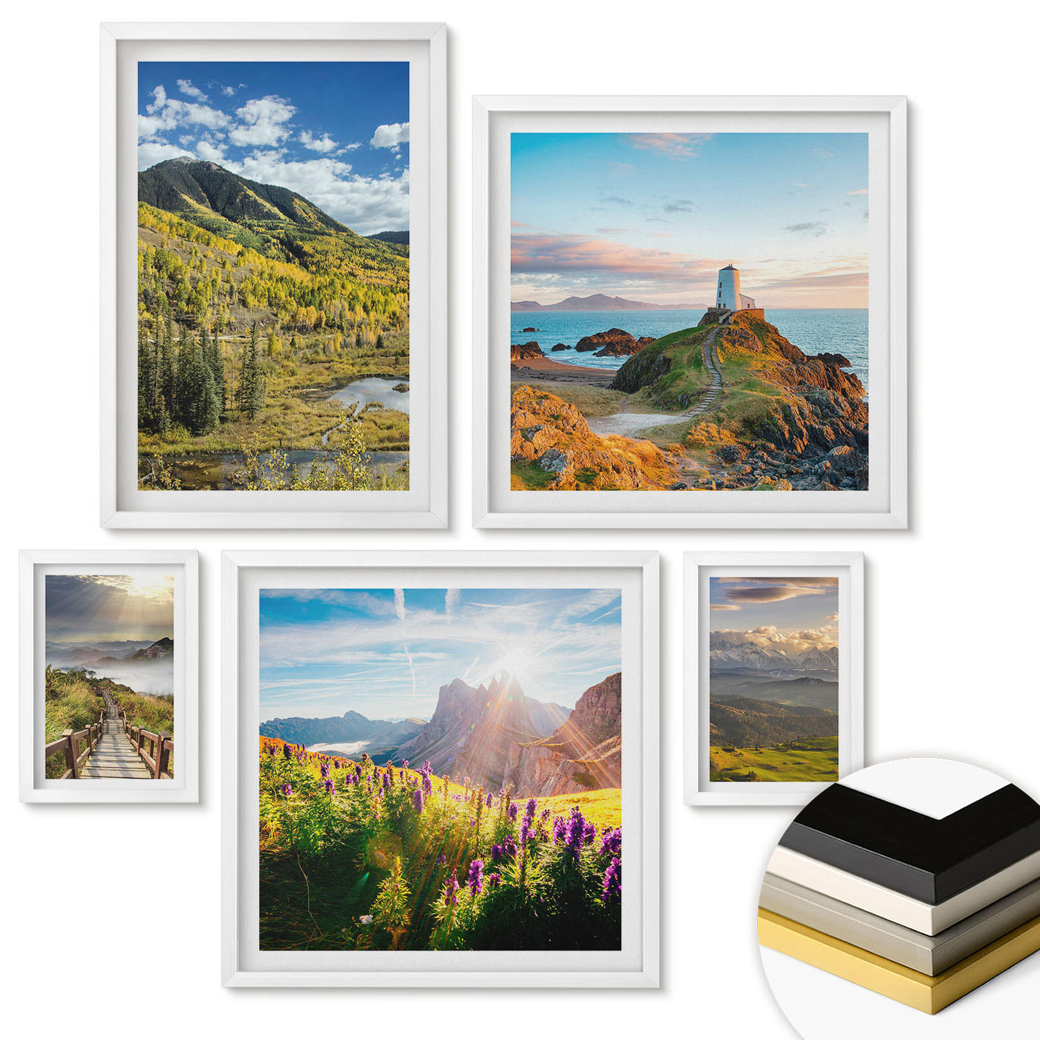 WANDBILDER 5er-Set - 50x50 cm & 20x30 cm & 40x60 cm Weißer Rahmen - Berglandschaften Wasserfall - Weiß, Kunststoff (40/60cm) - ArtPrintCave
