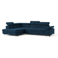 ECKSOFA FAVIEN L-S Blau Velours-Stoff mit Schlaffunktion - Blau, Holz (257/190cm) - MASSENO