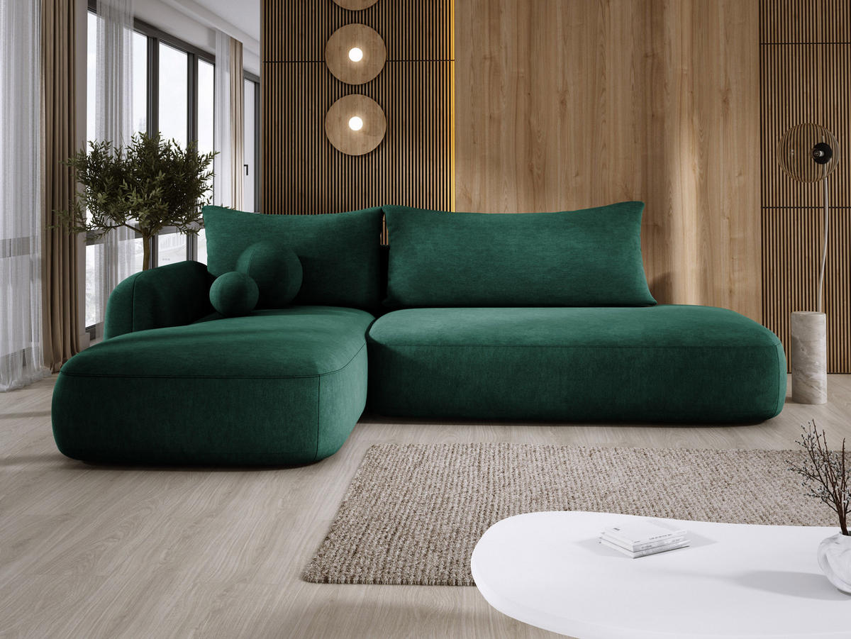 ECKSOFA BABU Mit Bettfunktion – Moderne Polsterecke Für Wohnzimmer Funktionales Schlafsofa Im Stoff CLOUD, 300x105x60cm, Linke, Grün - Jadegrün, Holz/Textil (190/300cm) - DomoHome
