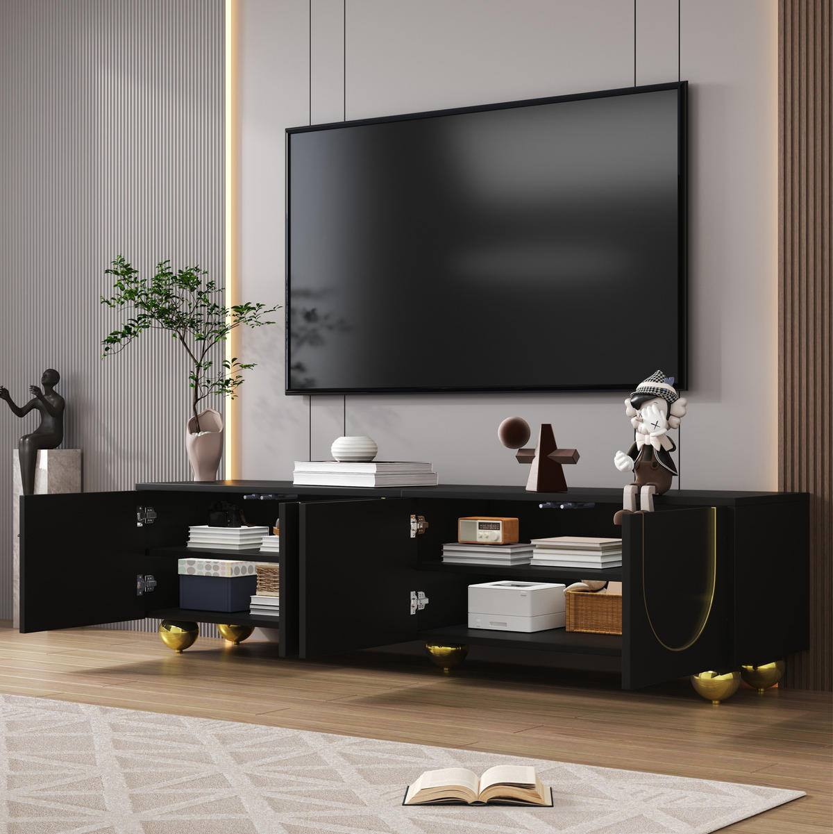 TV stolek 170/38/44 cm ze dřevotřísky se 4 dvířky, push-to-open a tlumenými panty, černá - černá, kompozitní dřevo (170/44/38cm) - Redom