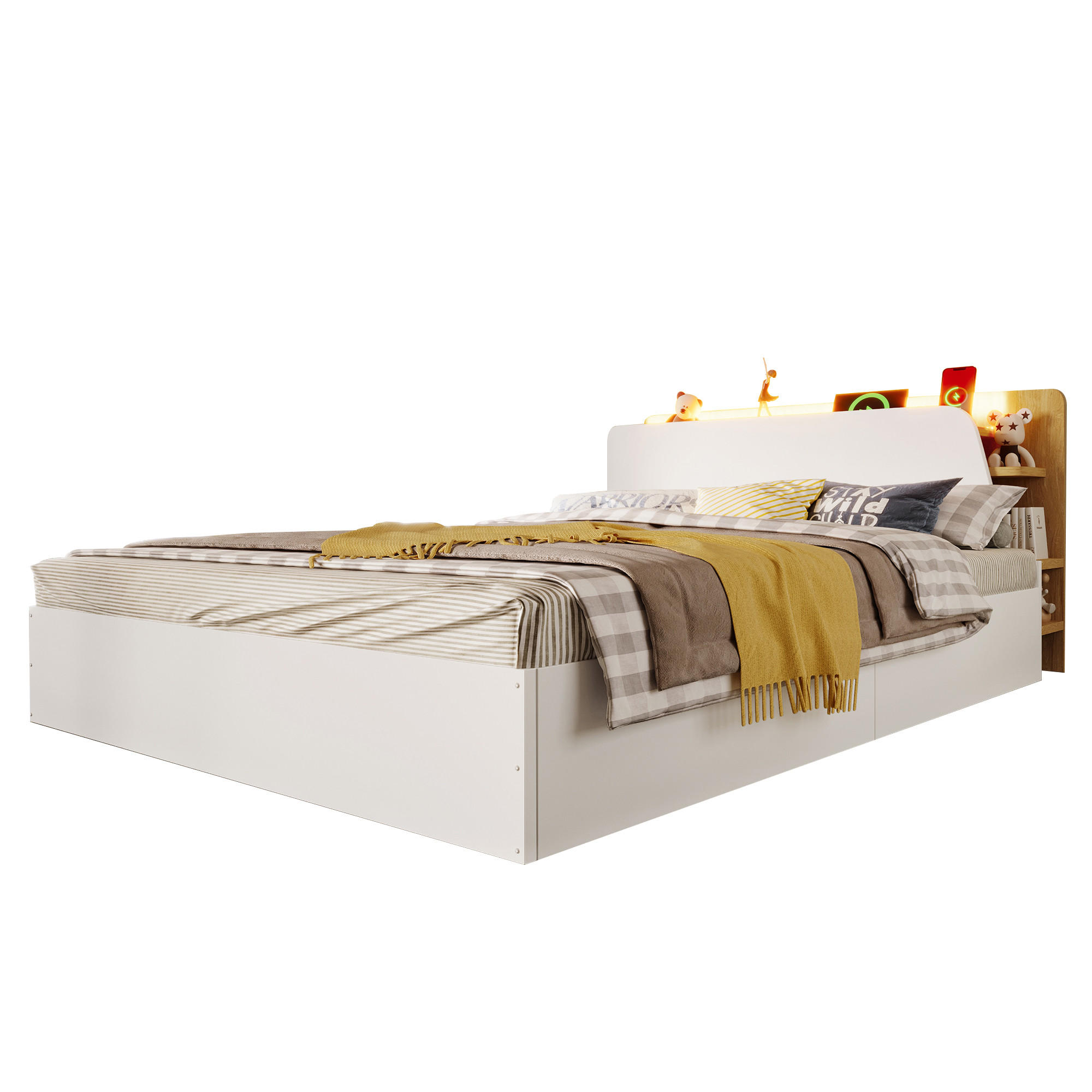 KINDERBETT 140/200 cm in Weiß & Natur mit Stauraum, LED und USB - Weiß/Naturfarben, Holz/Holzwerkstoff (140/200cm) - WISHDOR