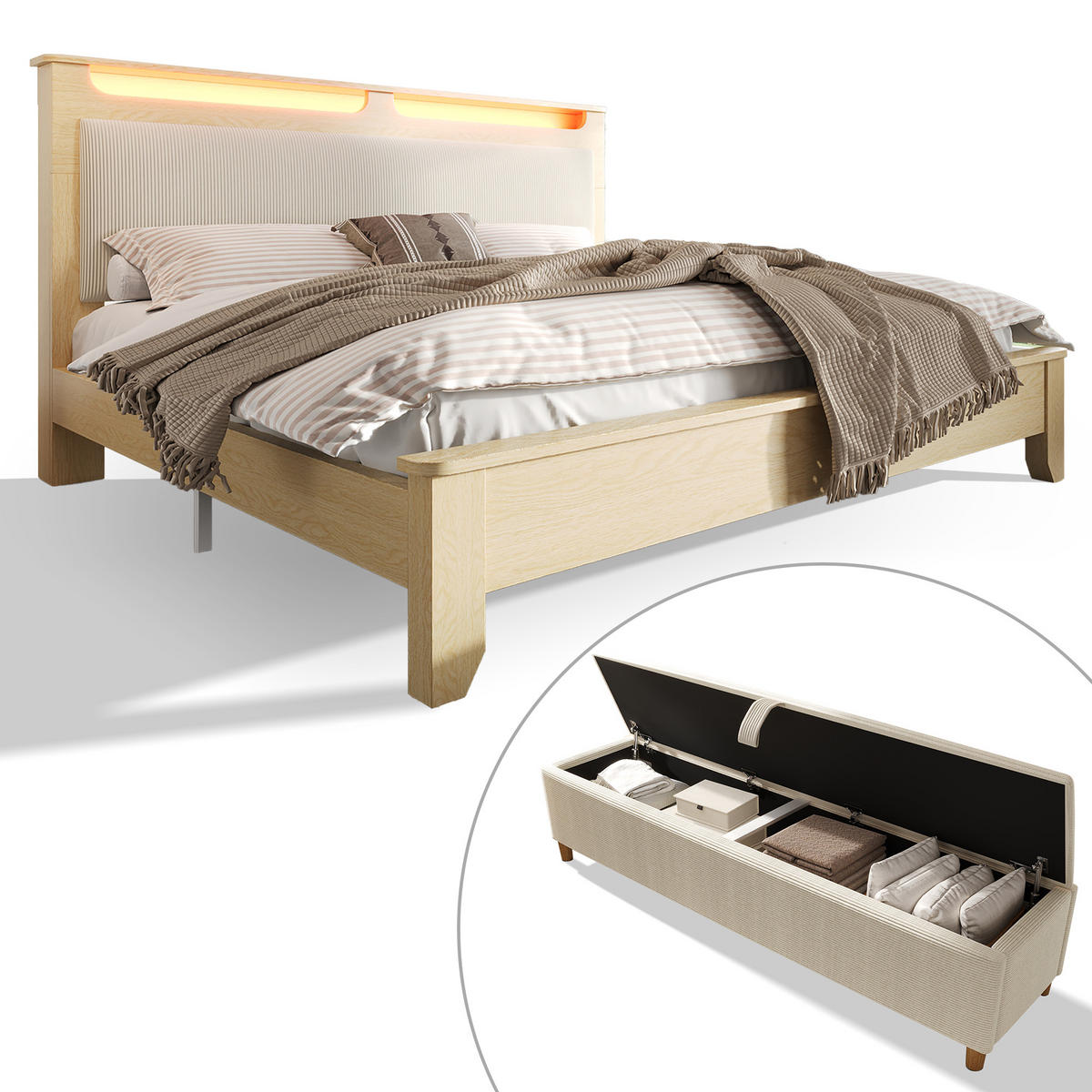 POLSTERBETT 180/200 cm Eichefarben und Beige mit Bettbank, Kopfteil mit Stauraum und LED-Beleuchtung - Beige, Textil (180/200cm) - Oxeza
