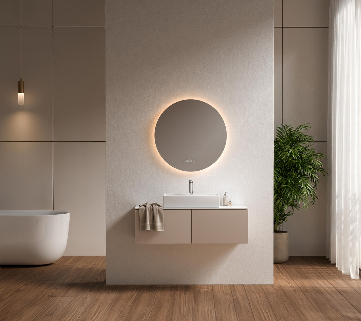 BADSPIEGEL Rund mit Beleuchtung Rahmenlos, 3 Lichtfarben, beschlagfrei, Ø 80 cm - Weiß, Glas (80/3.5/80cm) - EMKE