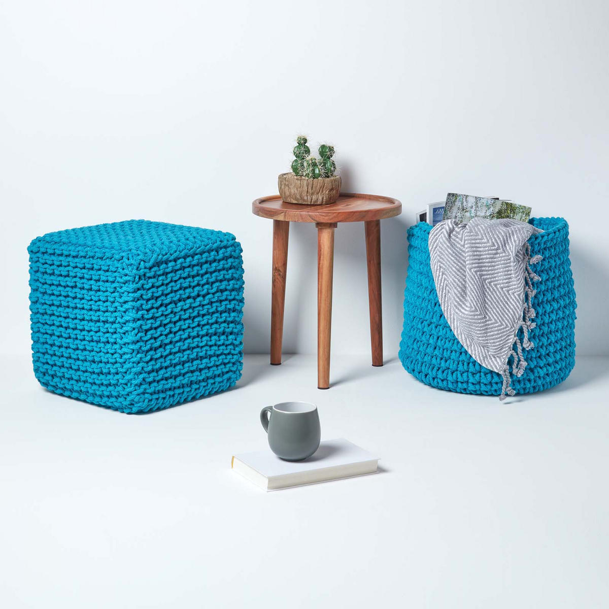 STRICK-POUF türkis, Sitzwürfel 35/35/35 cm - Türkis, Textil (35/35/35cm) - Homescapes