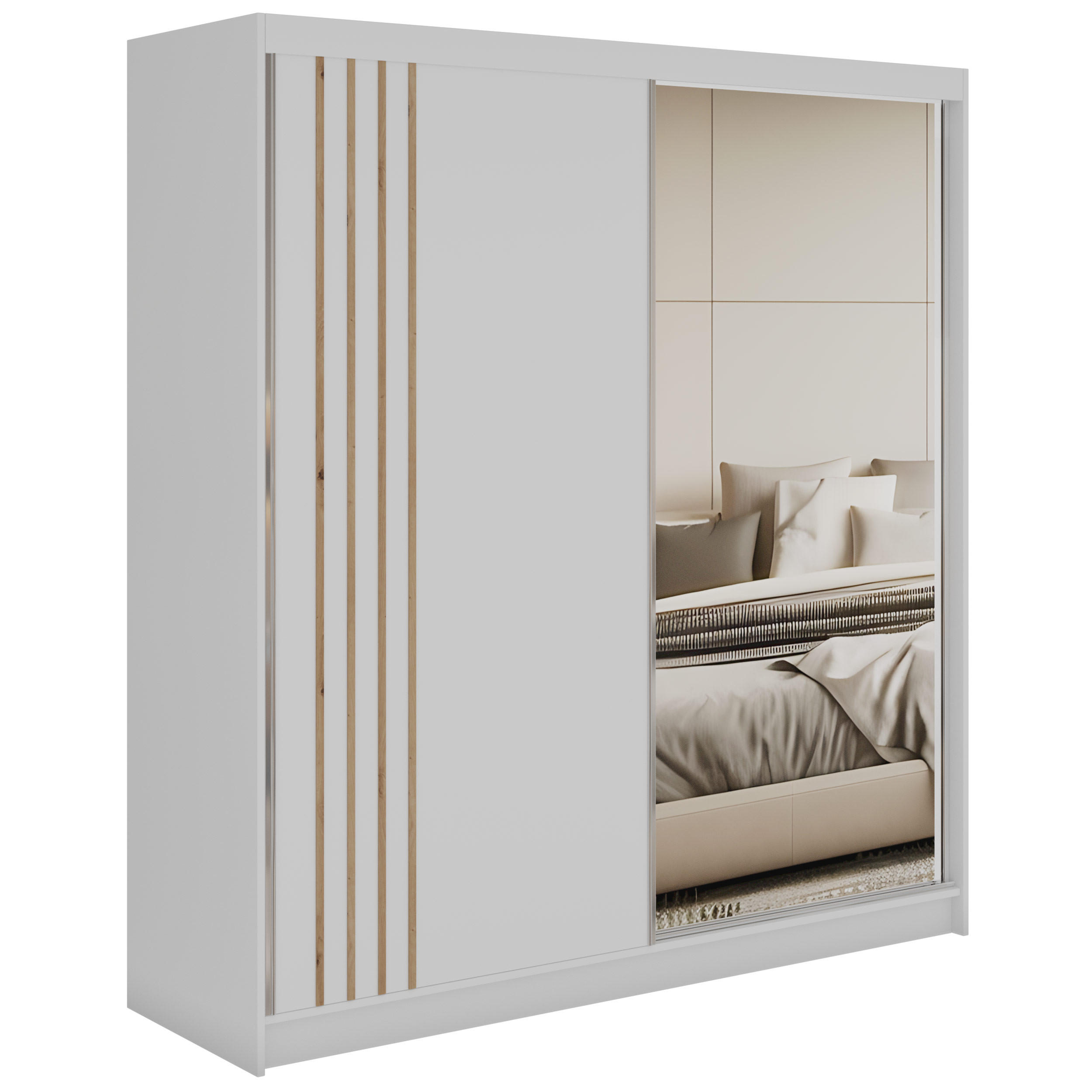 SCHWEBETÜRENSCHRANK mit Lamellen und Spiegel DIANA - 200 - Weiß und Eiche Artisan - Alufarben/Weiß, Holzwerkstoff/Metall (200/216/61cm) - MKS