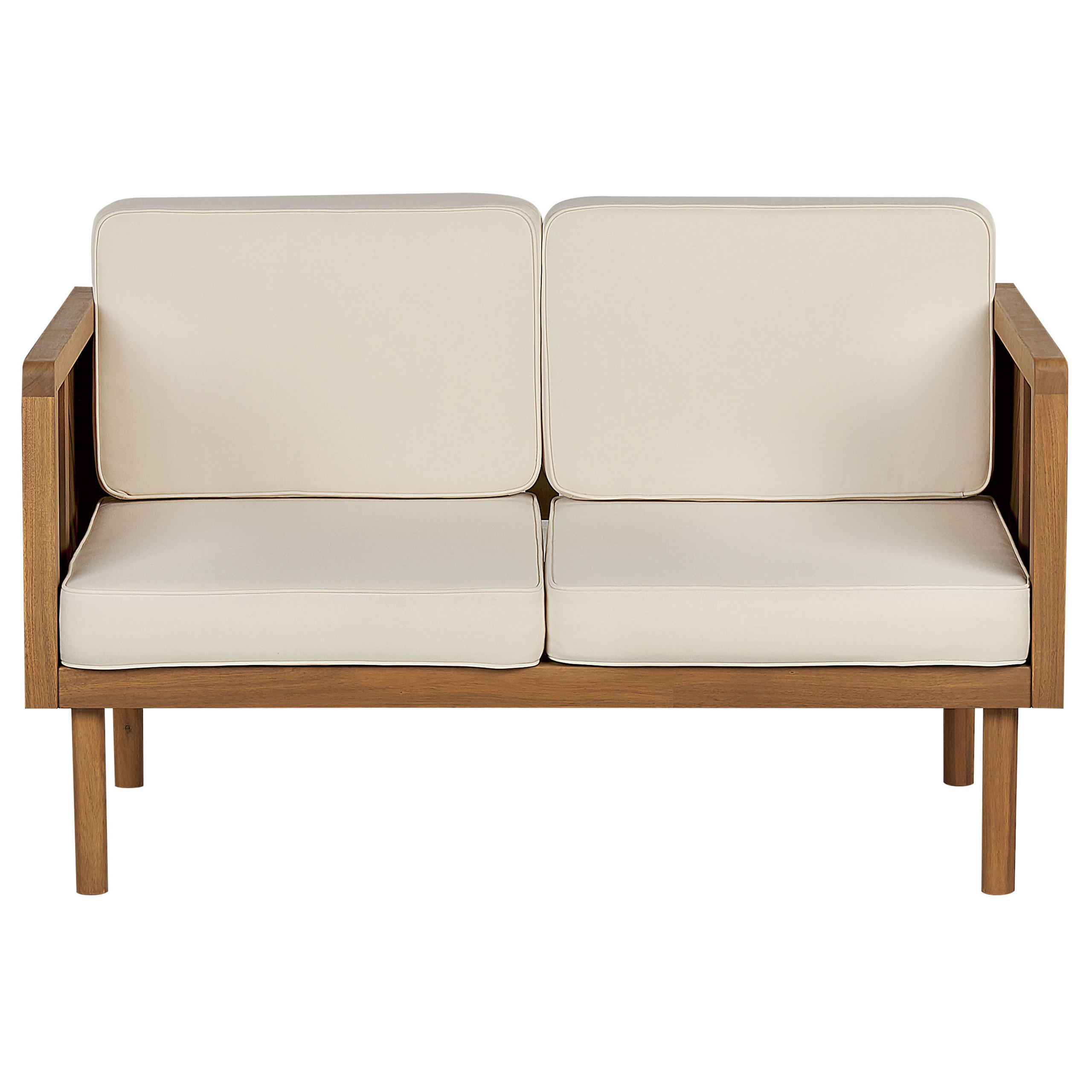 GARTENSOFA 2-Sitzer Akazienholz hellbraun Auflagen creme Baratti - Hellbraun/Weiß, Holz (122/76/65cm) - Beliani