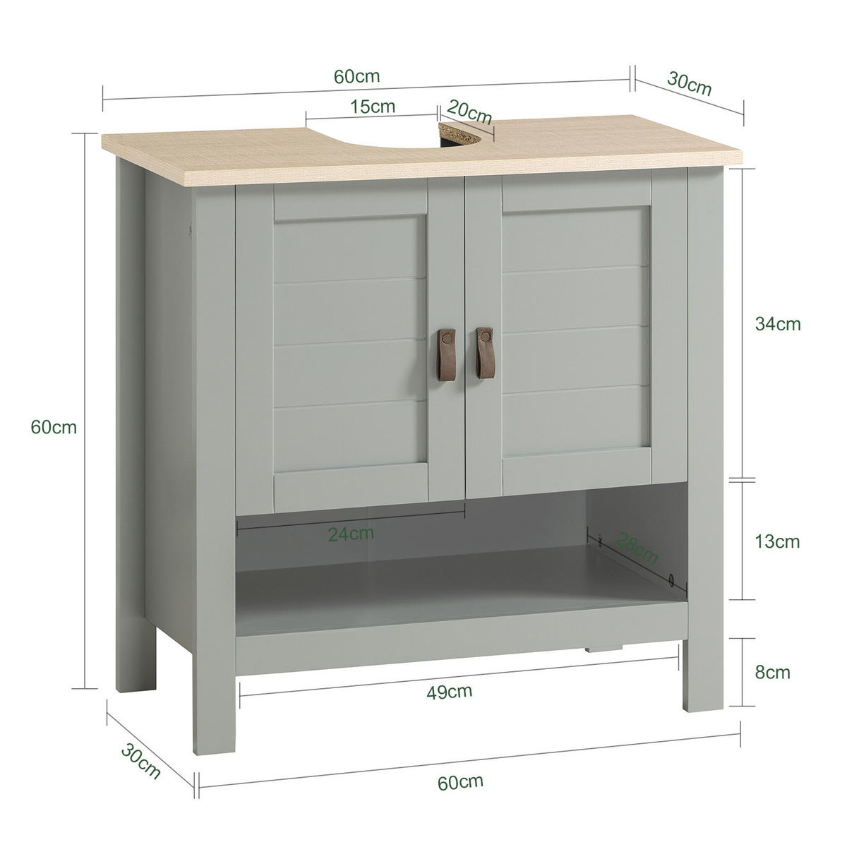 WASCHBECKENUNTERSCHRANK, Hellgrau, 60x60x30cm - Grau, Holzwerkstoff (60/60/30cm) - SoBuy