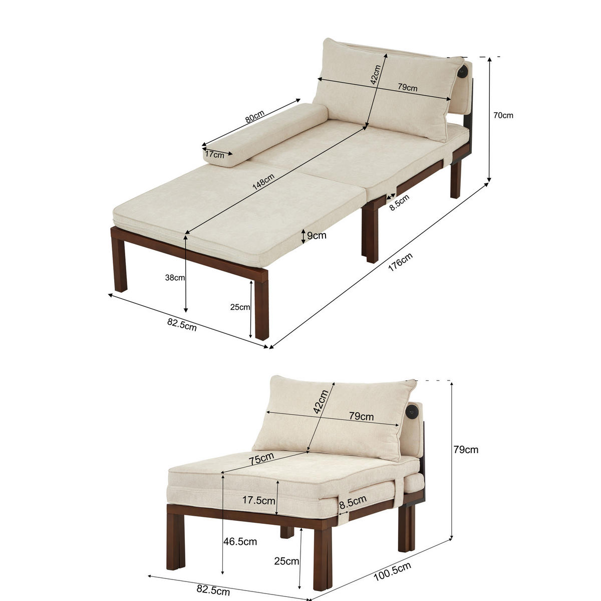 ROZKLADACIE kreslo z zamatu 176x82,5x70 cm béžové s USB-C portom a funkciou lôžka, úsporné riešenie - béžová, textil (82.5/70/176cm) - Modfu