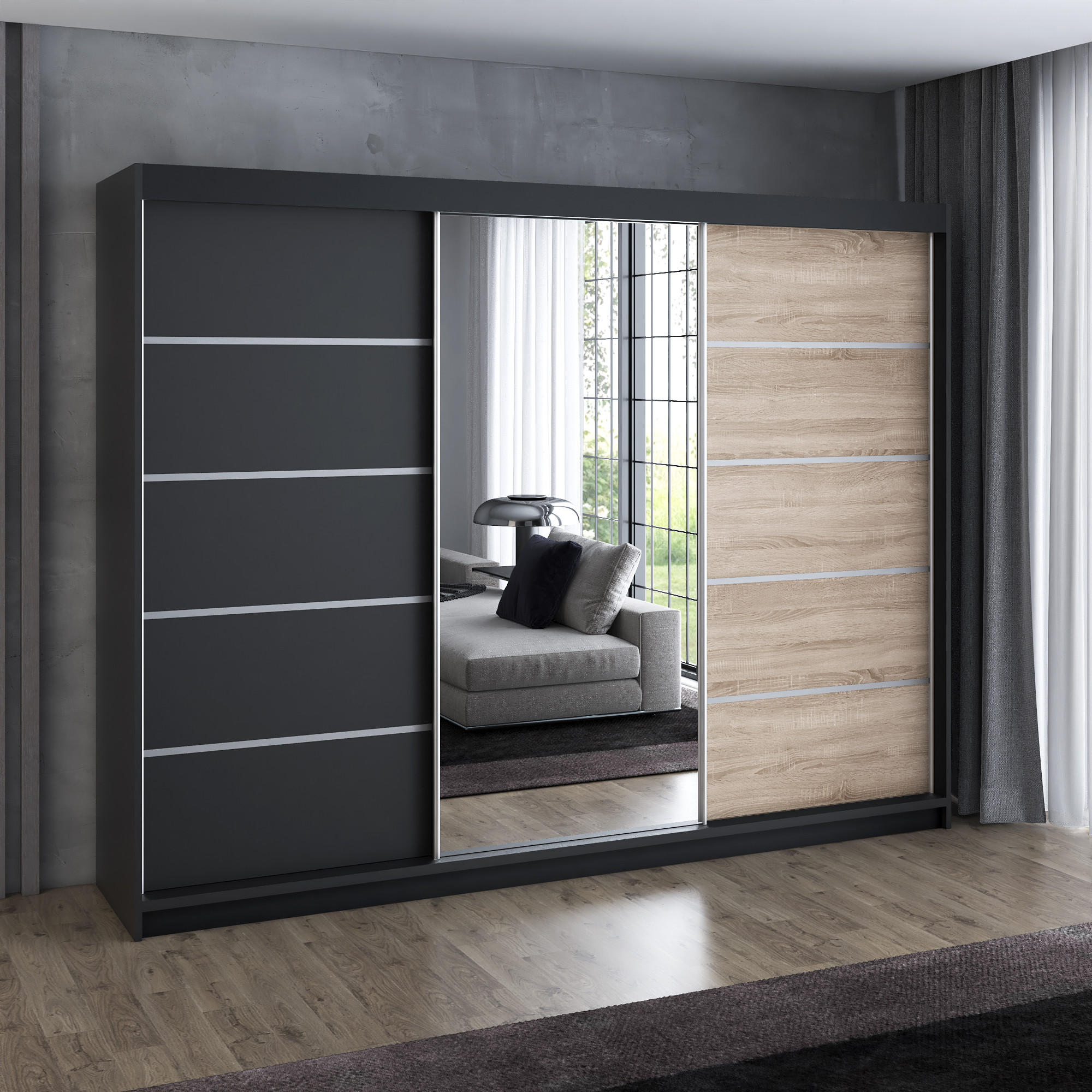 SCHWEBETÜRENSCHRANK 200 cm VILANO 1 Farbe: Schwarz, Sonoma - Schwarz/Braun, Holzwerkstoff (200/215/59.5cm) - A&J MöbelLand