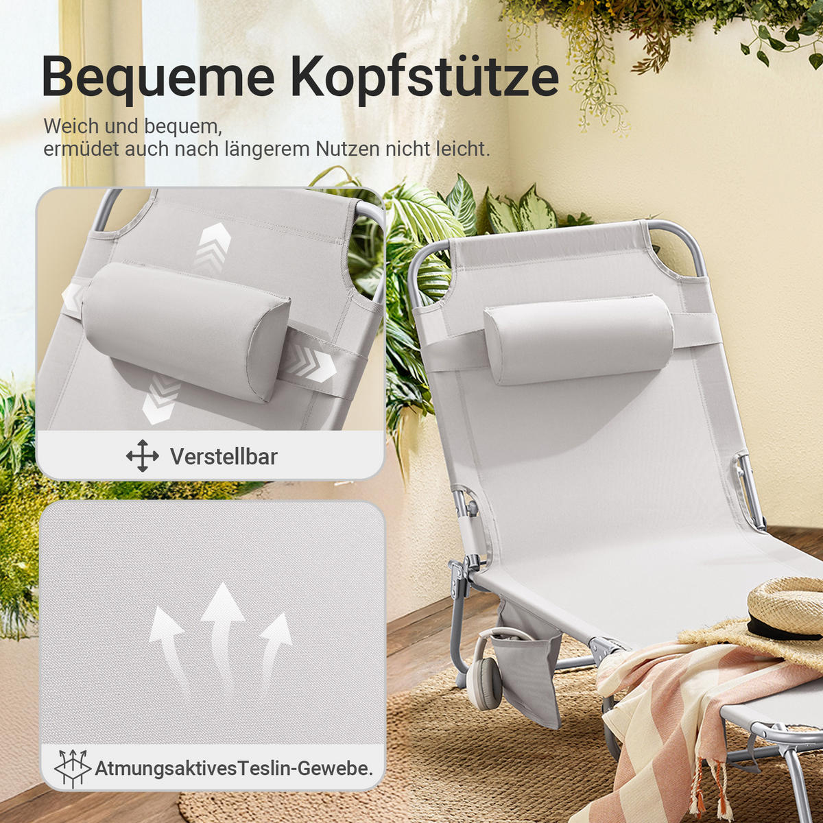 SONNENLIEGE 2er Set Beige - Beige, Textil/Metall (195/58/63cm) - SoBuy