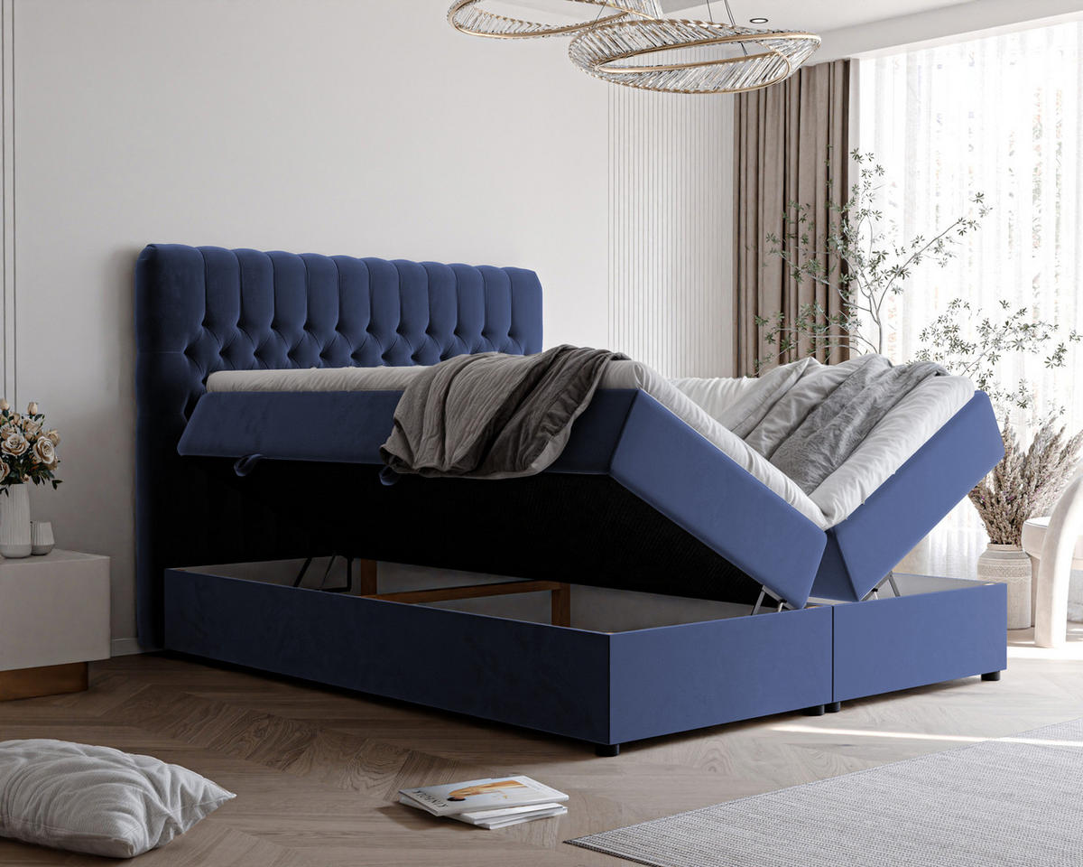 BOXBETT ALBA 180/200 cm, in Dunkelblau, mit Matratze und Topper - Dunkelblau, Holzwerkstoff/Textil (180/200cm) - Idohome
