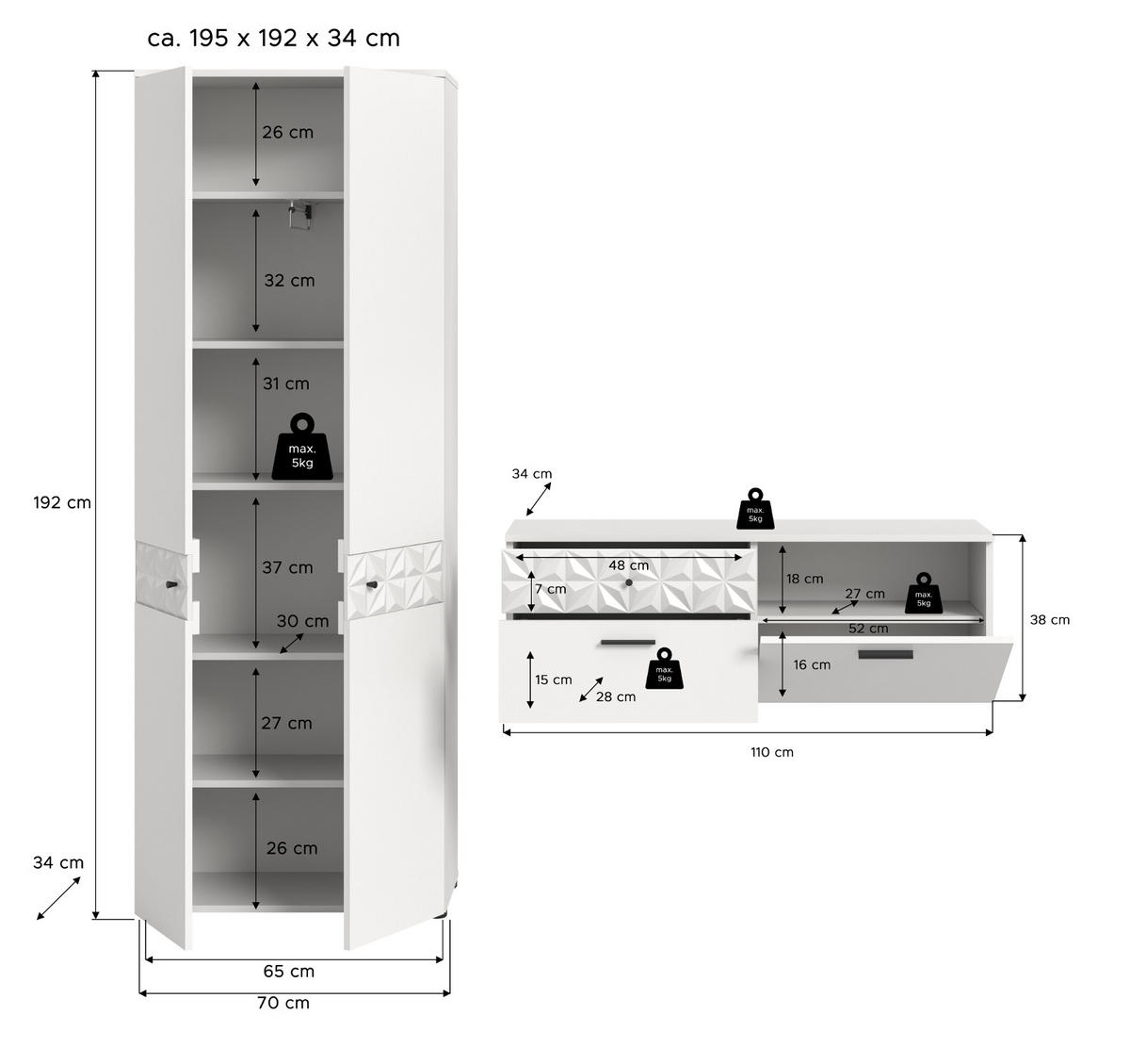 GARDEROBE Set weiß Hochglanz 195 cm, Kombination mit 3D-Struktur - Weiß Hochglanz/Schwarz, Holzwerkstoff/Kunststoff (195/192/34cm) - Inn.Furn